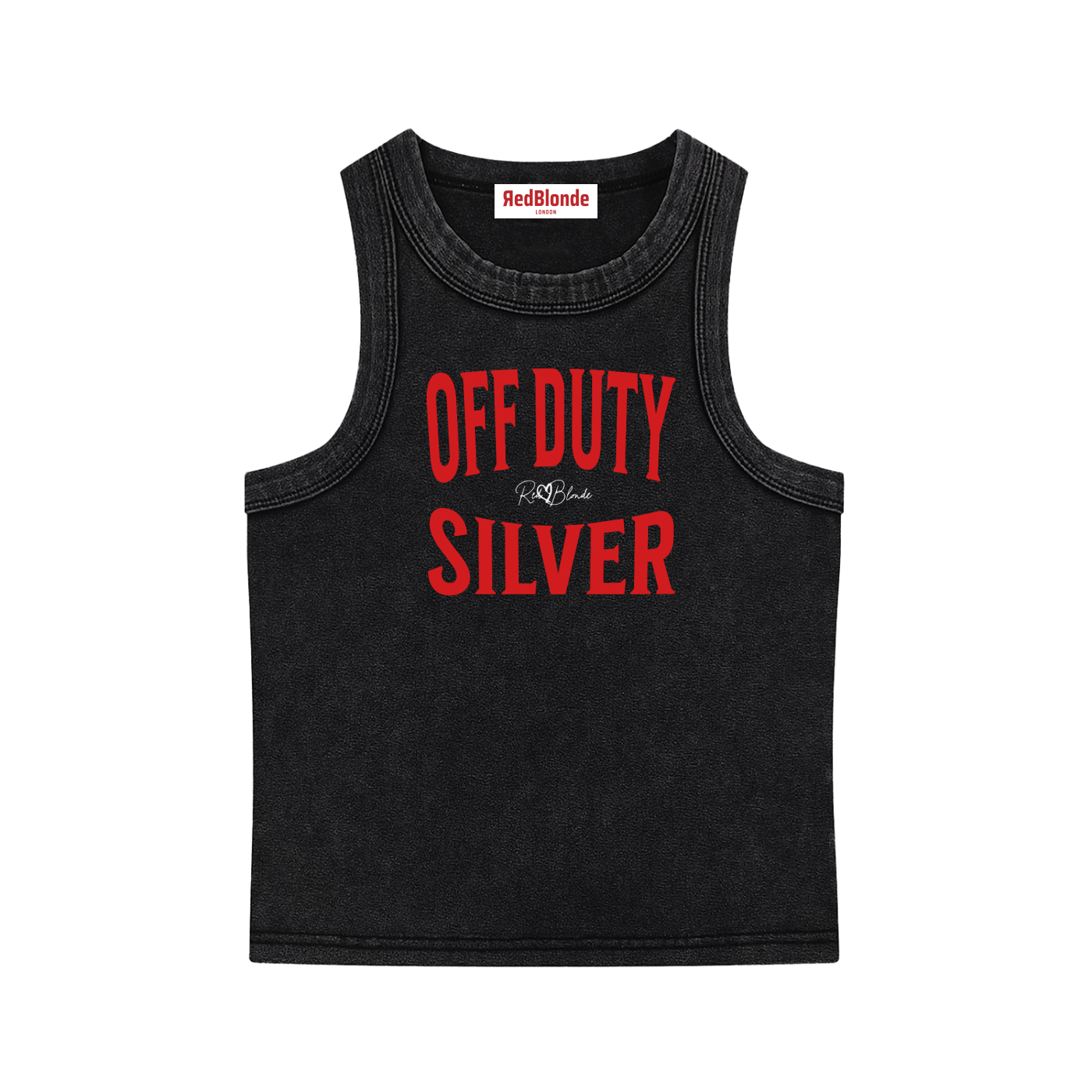 A black sleeveless vintage acid wash tank top laid flat on a white background, with red text on the chest reading “OFF DUTY SILVER” in bold Brookfield lettering, and a small cursive RedBlonde signature logo between the words. 
