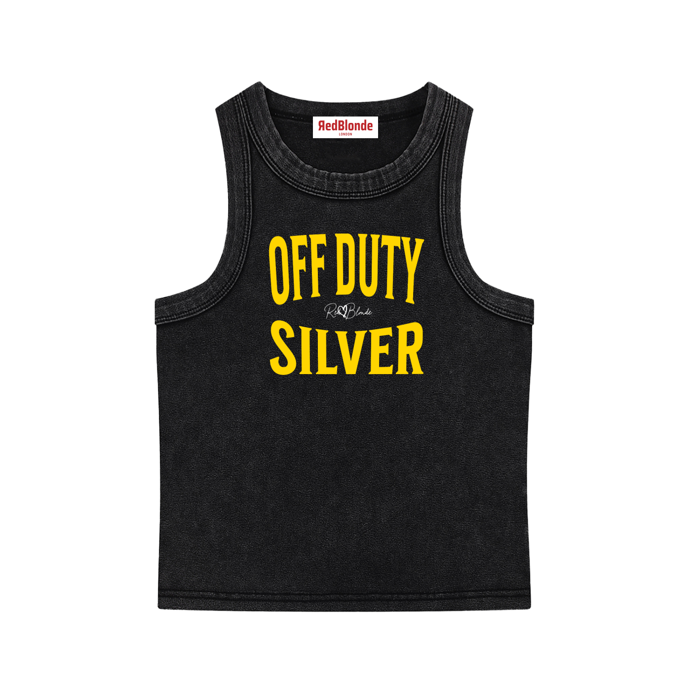 A black sleeveless vintage acid wash tank top laid flat on a white background, with yellow text on the chest reading “OFF DUTY SILVER” in bold Brookfield lettering, and a small cursive RedBlonde signature logo between the words. 