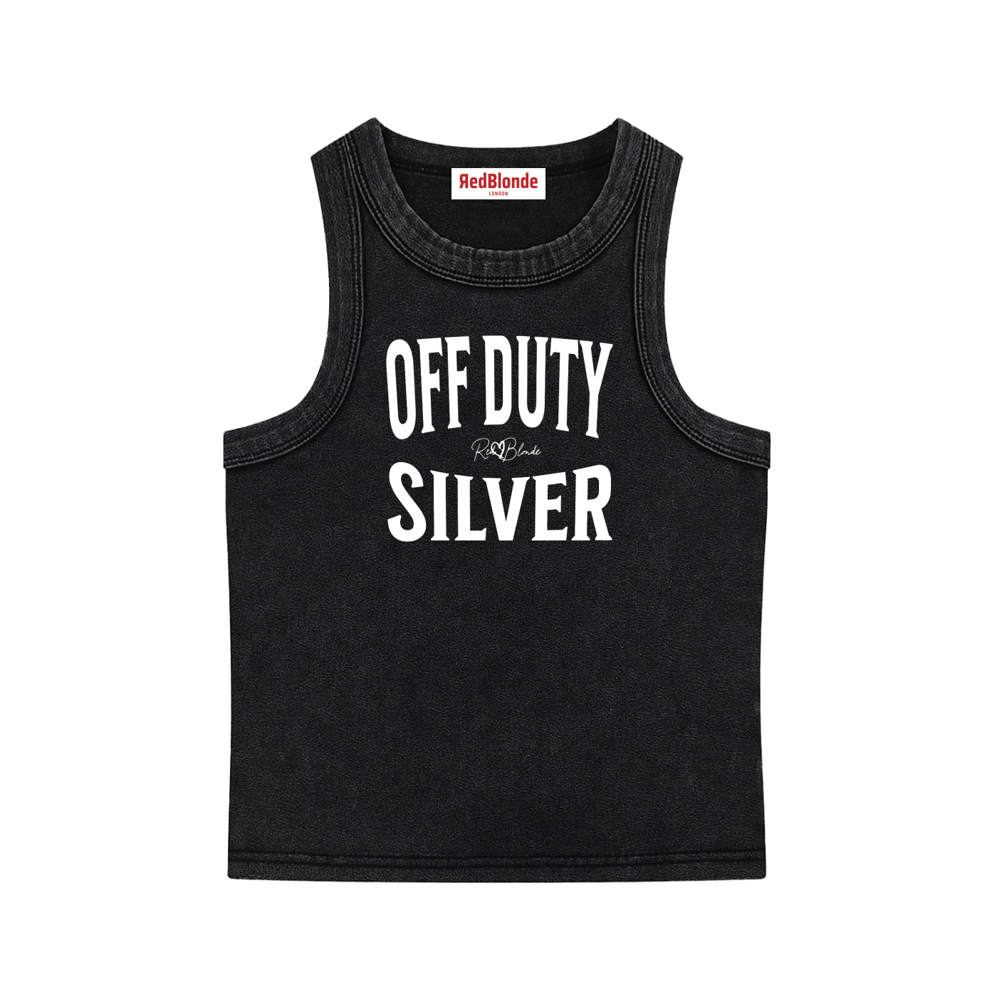 A black sleeveless vintage acid wash tank top laid flat on a white background, with white text on the chest reading “OFF DUTY SILVER” in bold Brookfield lettering, and a small cursive RedBlonde signature logo between the words. 