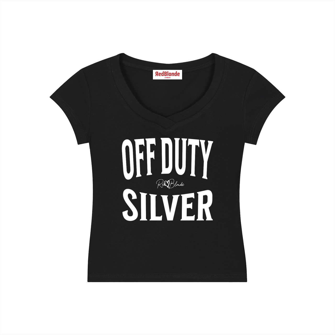 black fitted V-neck T-shirt with black ‘OFF DUTY SILVER’ Brookfield text front print, RedBlonde logo detail, and RedBlonde neck label