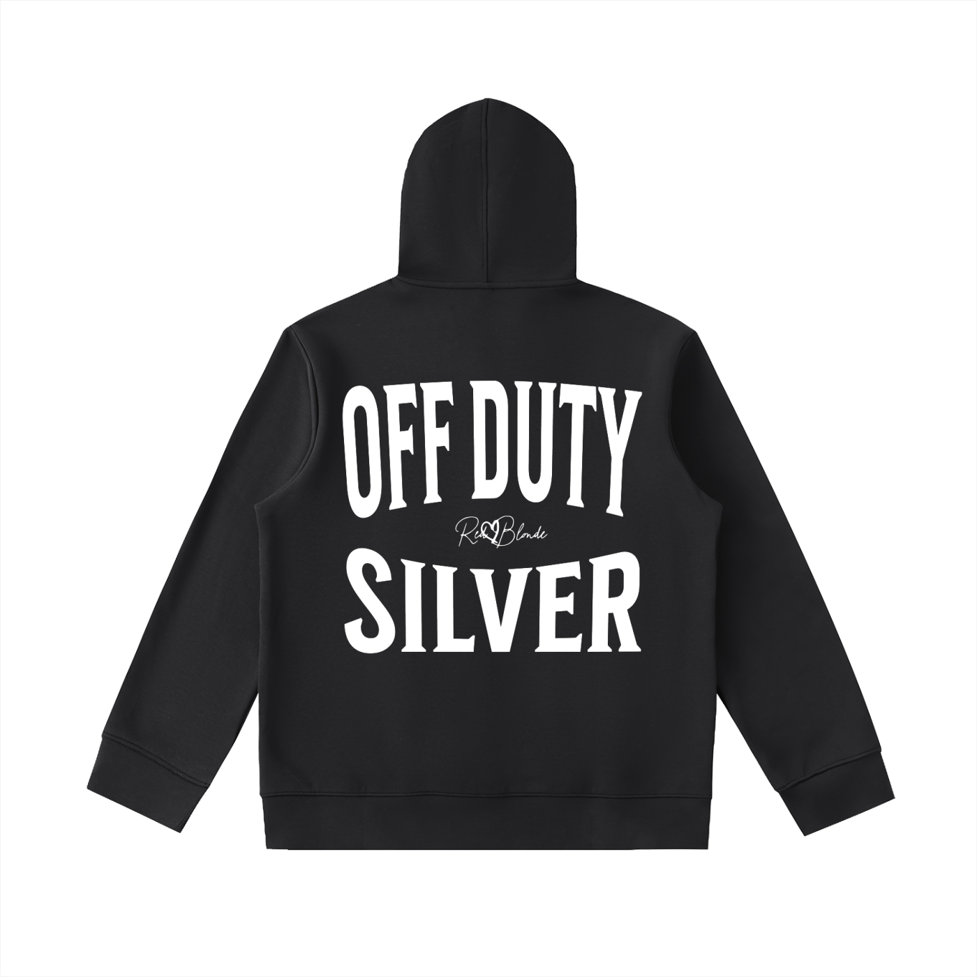 black oversized hoodie shown from the back on a white background, featuring large white “OFF DUTY SILVER” Brookfield text with a small RedBlonde script logo between the words.