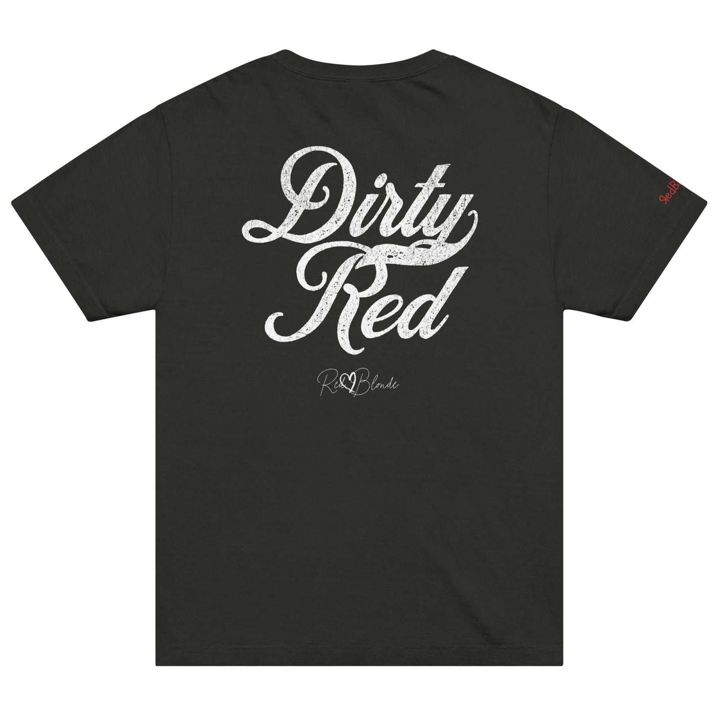 Back view of a black vintage wash oversized unisex T-shirt with bold white Milkstore 01 vintage-style script reading “Dirty Red” and the RedBlonde signature logo beneath, plus a small RedBlonde logo detail on the right sleeve. 
