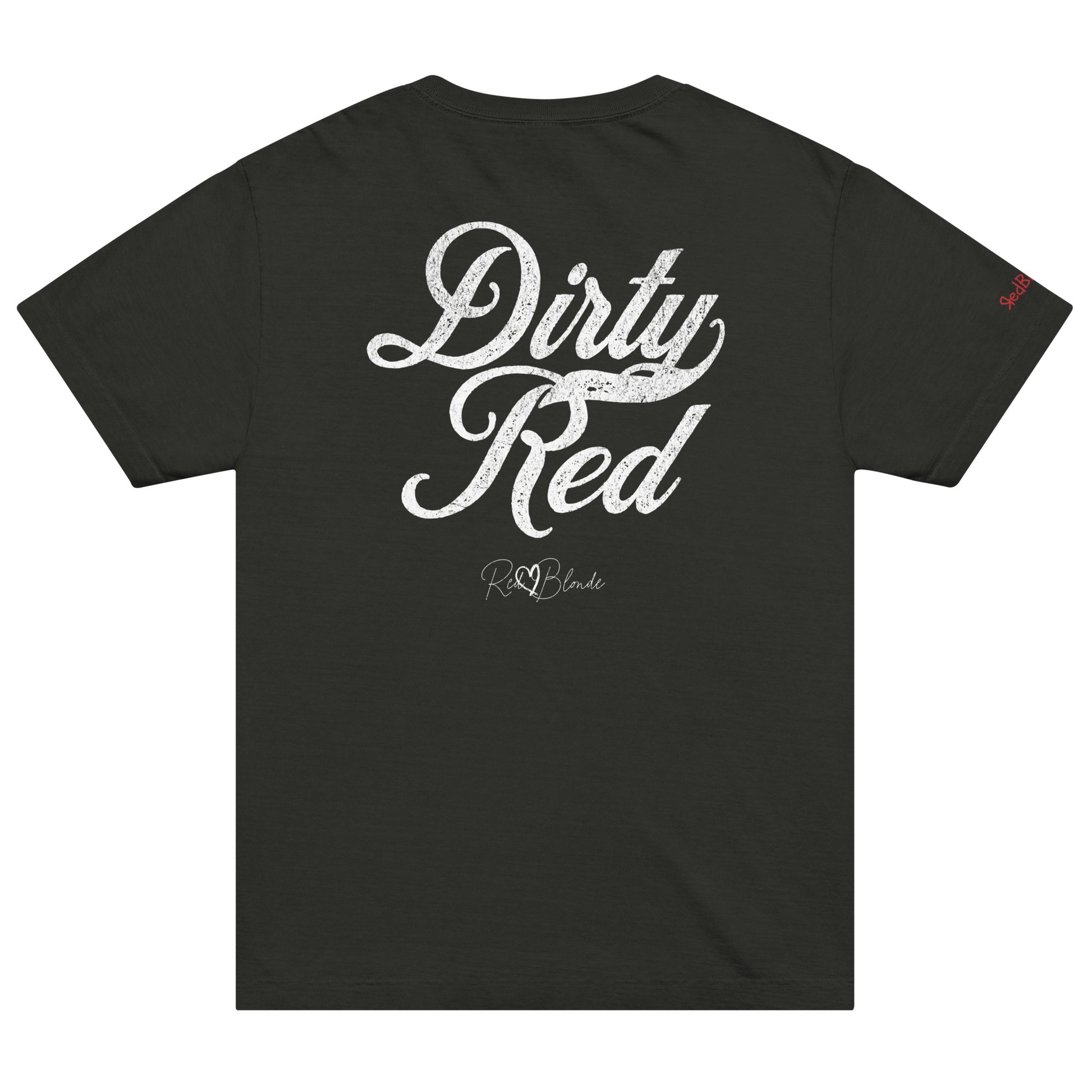 Back view of a black vintage wash oversized unisex T-shirt with bold white Milkstore 01 vintage-style script reading “Dirty Red” and the RedBlonde signature logo beneath, plus a small RedBlonde logo detail on the right sleeve. 