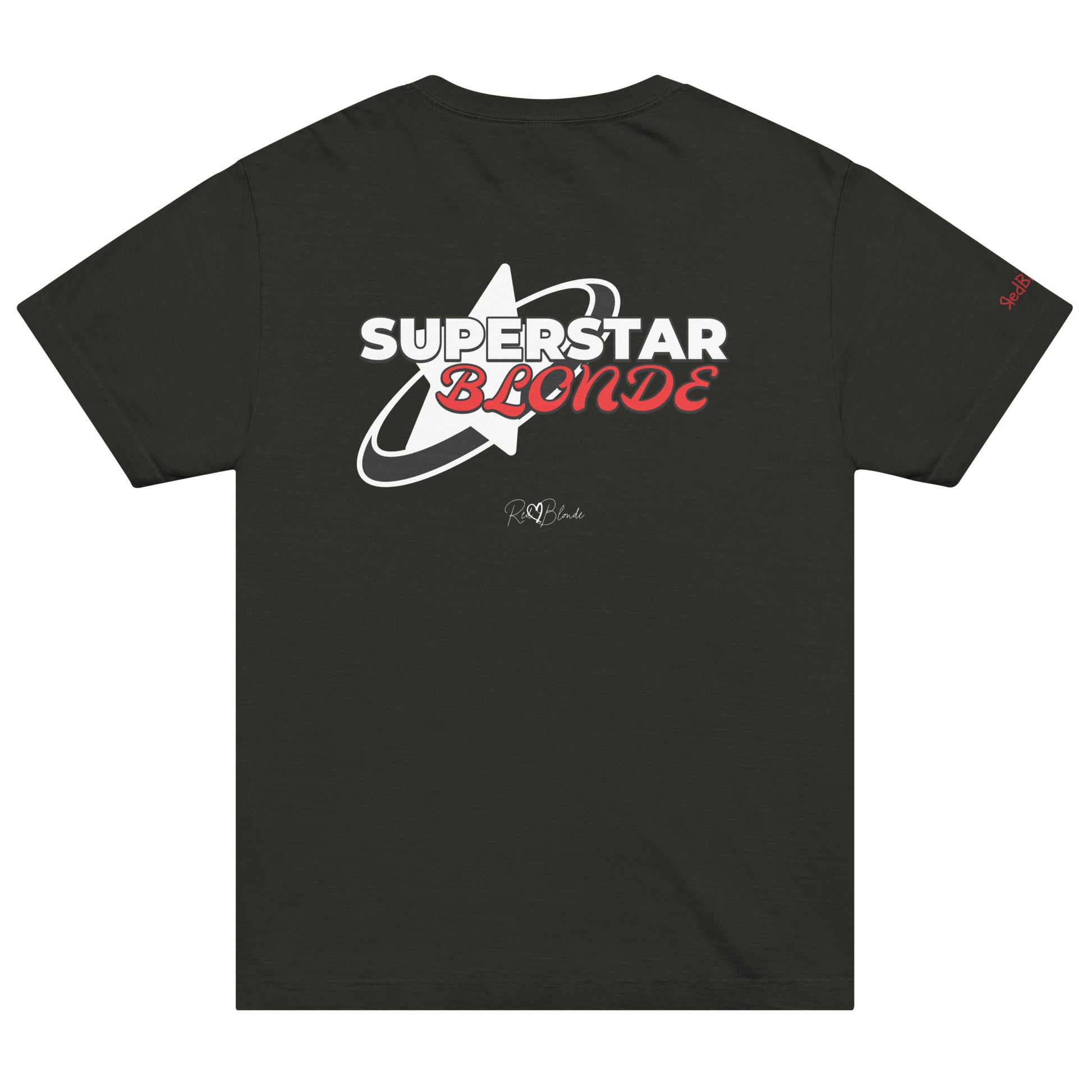 Back view of a vintage black oversized unisex T-shirt with bold black and red graphic Monserrat and Molle text “SUPERSTAR BLONDE” over a large black star and orbit design, featuring the RedBlonde signature logo below. Branded RedBlonde in red and on the right sleeve.