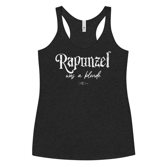 black women’s racerback tank featuring white fairytale spiky text that reads “Rapunzel" and the phrase “was a blonde” written underneath in an elegant cursive script. signed off with the RedBlonde heart signature logo