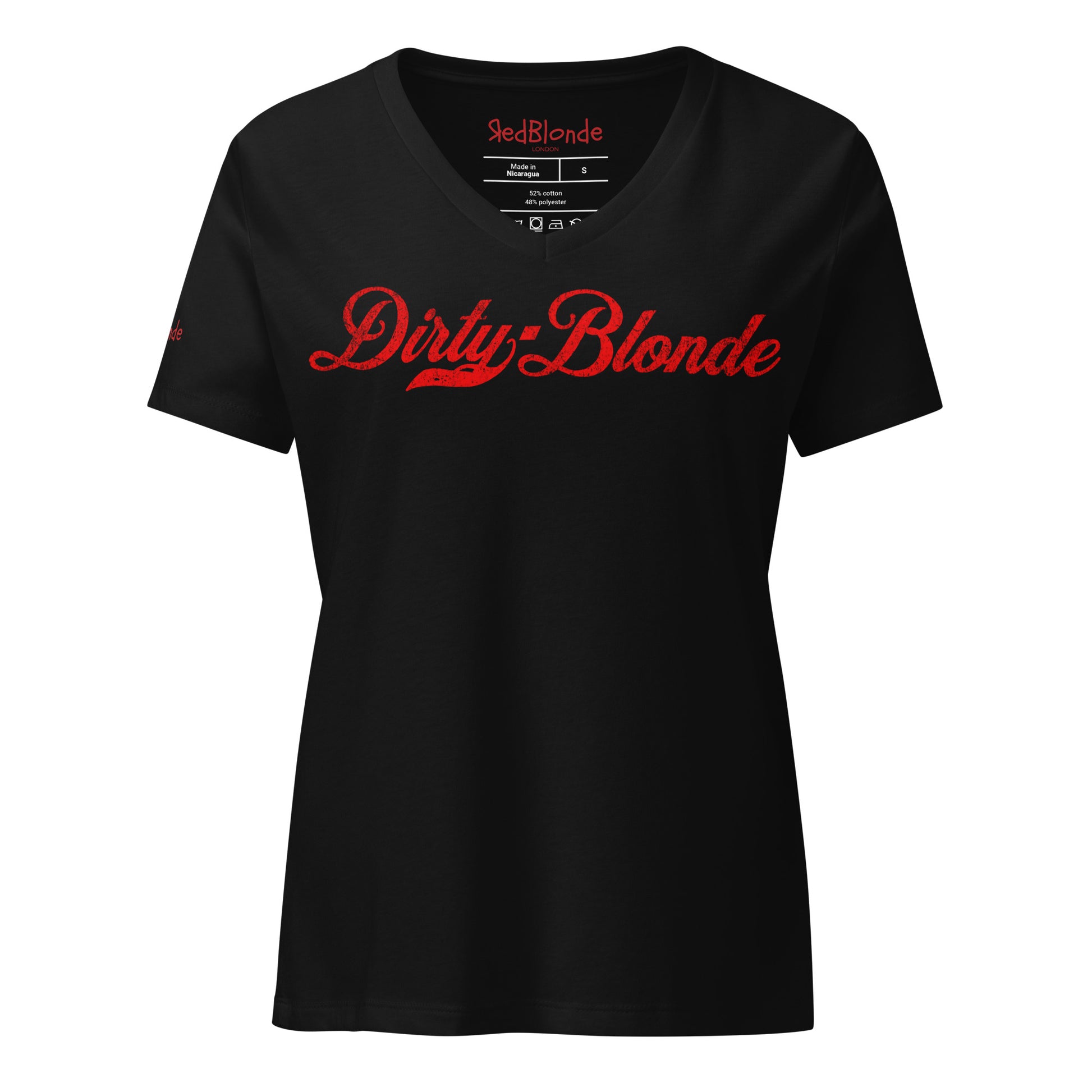 flatlay of a black relaxed fit V-neck t-shirt with “Dirty Blonde” written in vintage Coca-Cola red script on the front. Branded RedBlonde on inside neck and right shoulder in red