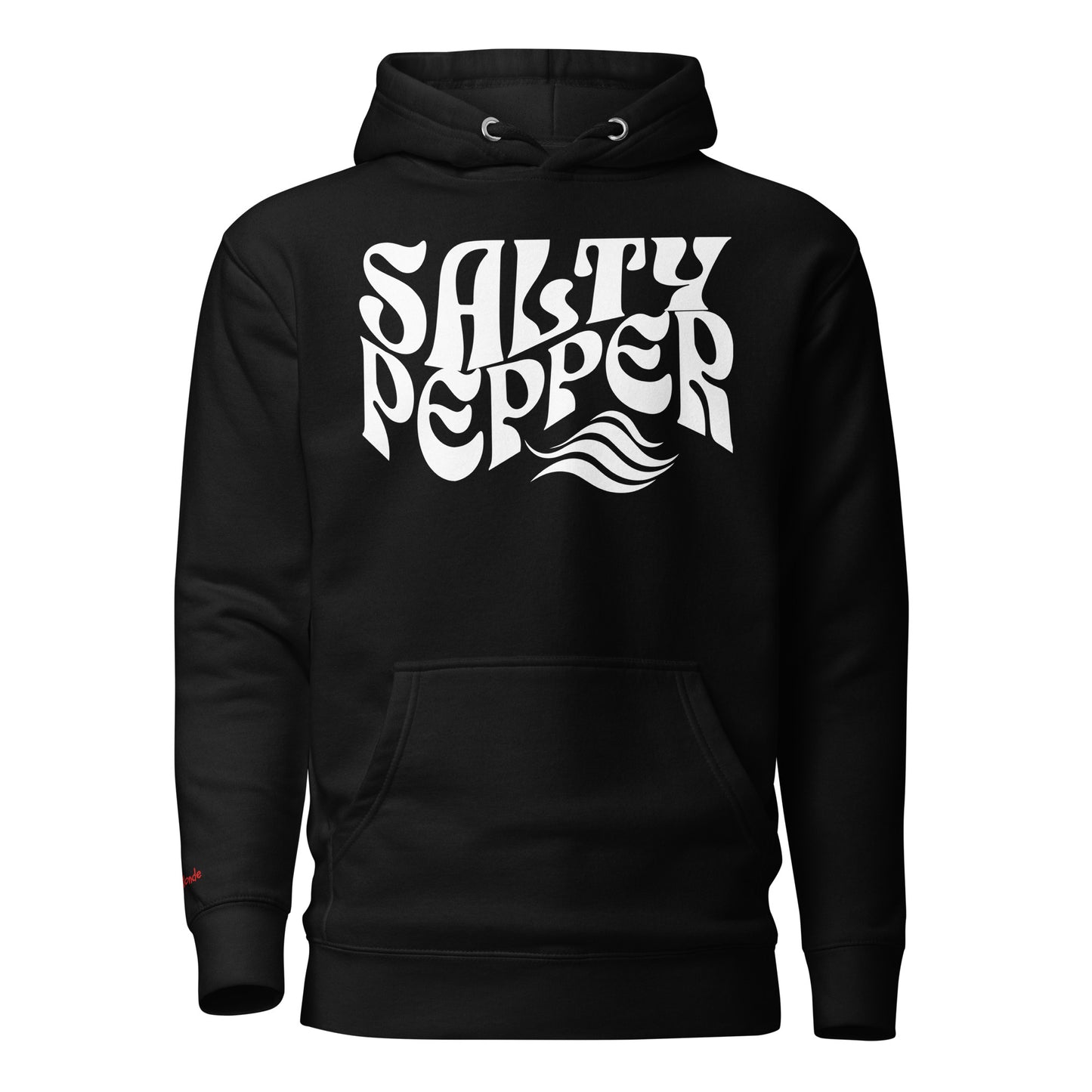 flatlay of a black unisex relaxed fit hoodie with the slogan 'Salty Pepper' in white retro 70s wavy font. Branded RedBlonde in red on inside neck and right sleeve. Branded RedBlonde London in red on inside neck and right cuff