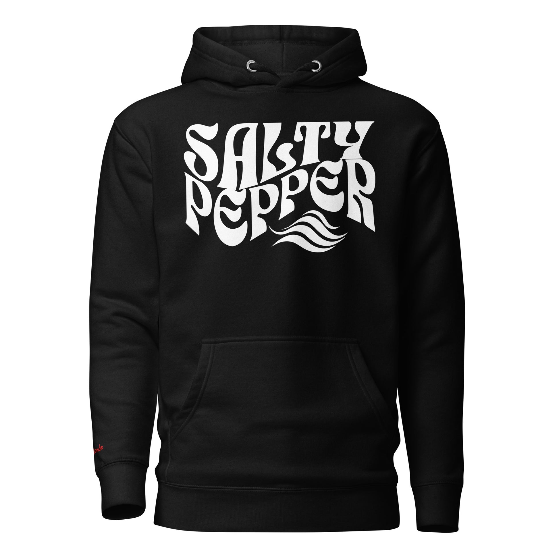 flatlay of a black unisex relaxed fit hoodie with the slogan 'Salty Pepper' in white retro 70s wavy font. Branded RedBlonde in red on inside neck and right sleeve. Branded RedBlonde London in red on inside neck and right cuff