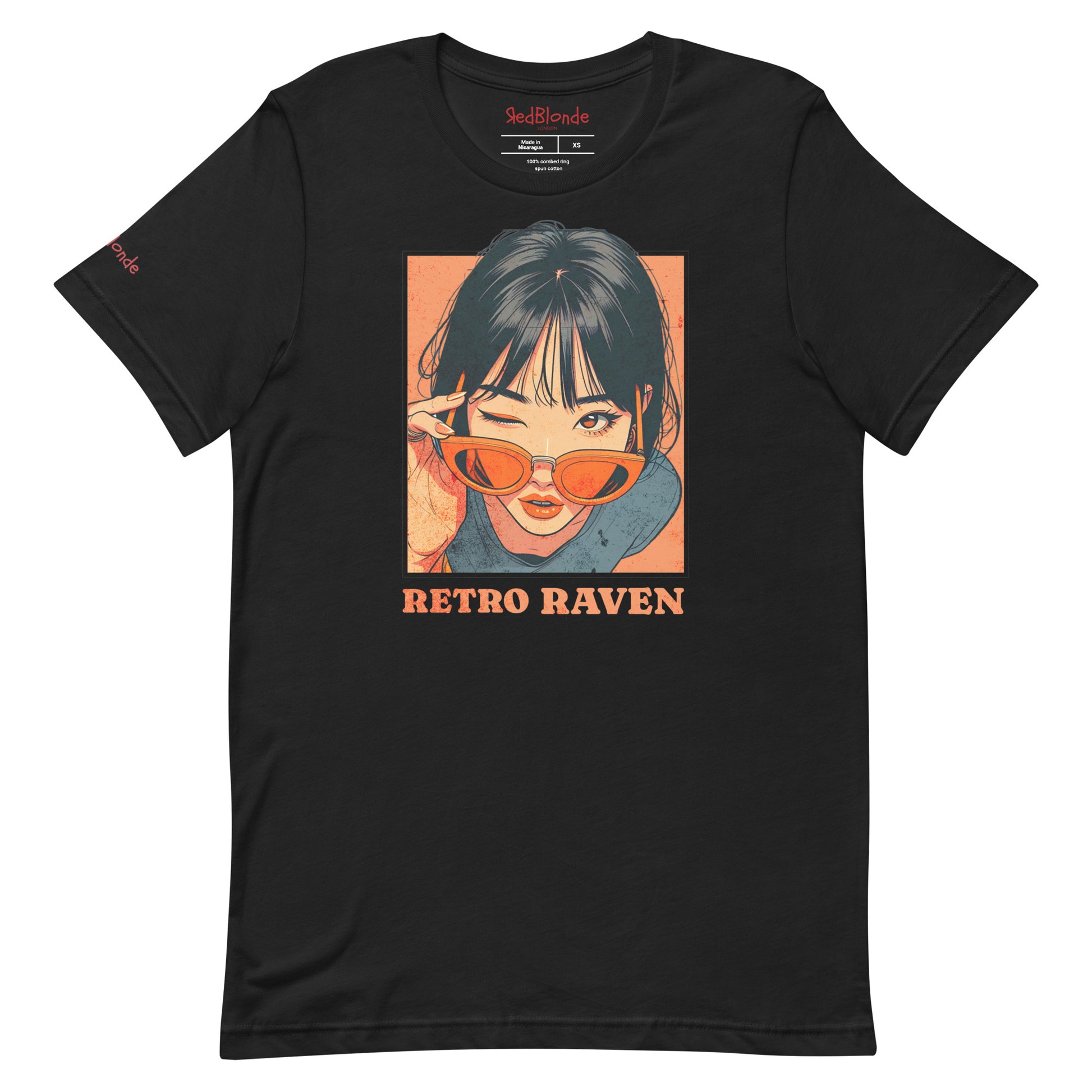 Black unisex t-shirt featuring a vintage-style illustrated graphic of a woman with black hair winking while lowering orange sunglasses. The design is framed in warm retro tones with the words “RETRO RAVEN” printed below in bold orange text. The RedBlonde logo appears inside the neckline and subtly on the sleeve.