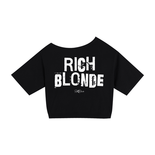 black asymmetrical shoulder t-shirt with bold black Ed Gein font “RICH BLONDE" slogan on the front and RedBlonde logo beneath.