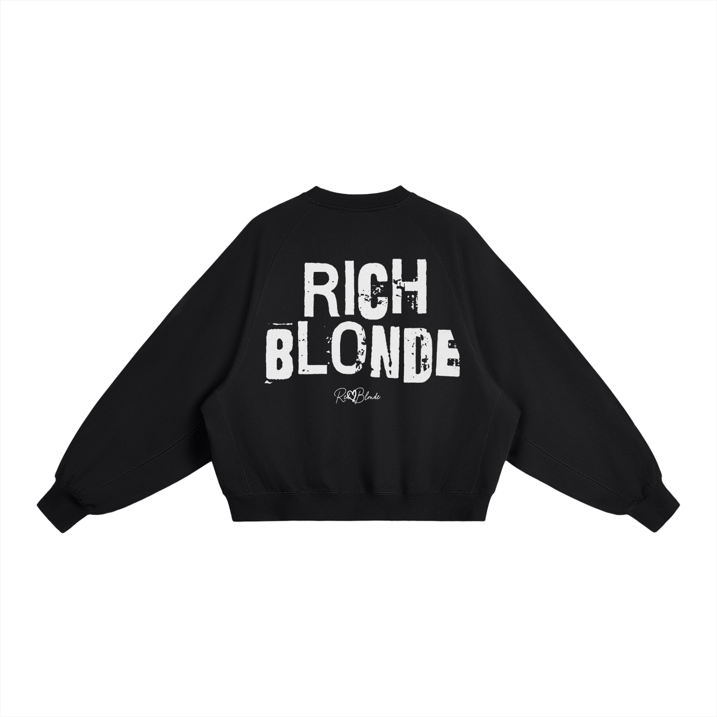 black oversized dolman-sleeve sweatshirt shown from the back on a plain white background. It has a boxy, relaxed fit with dropped shoulders, ribbed crew neckline, ribbed cuffs, and a ribbed hem band. Centered on the back is a distressed white  “RICH BLONDE” Ed Gein graphic with a small “RedBlonde” script logo beneath.