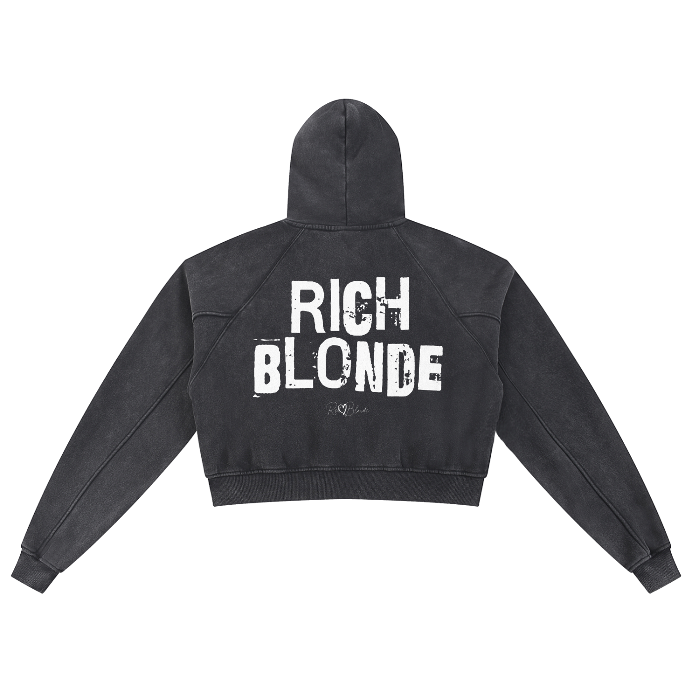 Back view of a cropped snow-wash black hoodie with bold white “RICH BLONDE” Ed Gein font and the RedBlonde signature logo printed below.