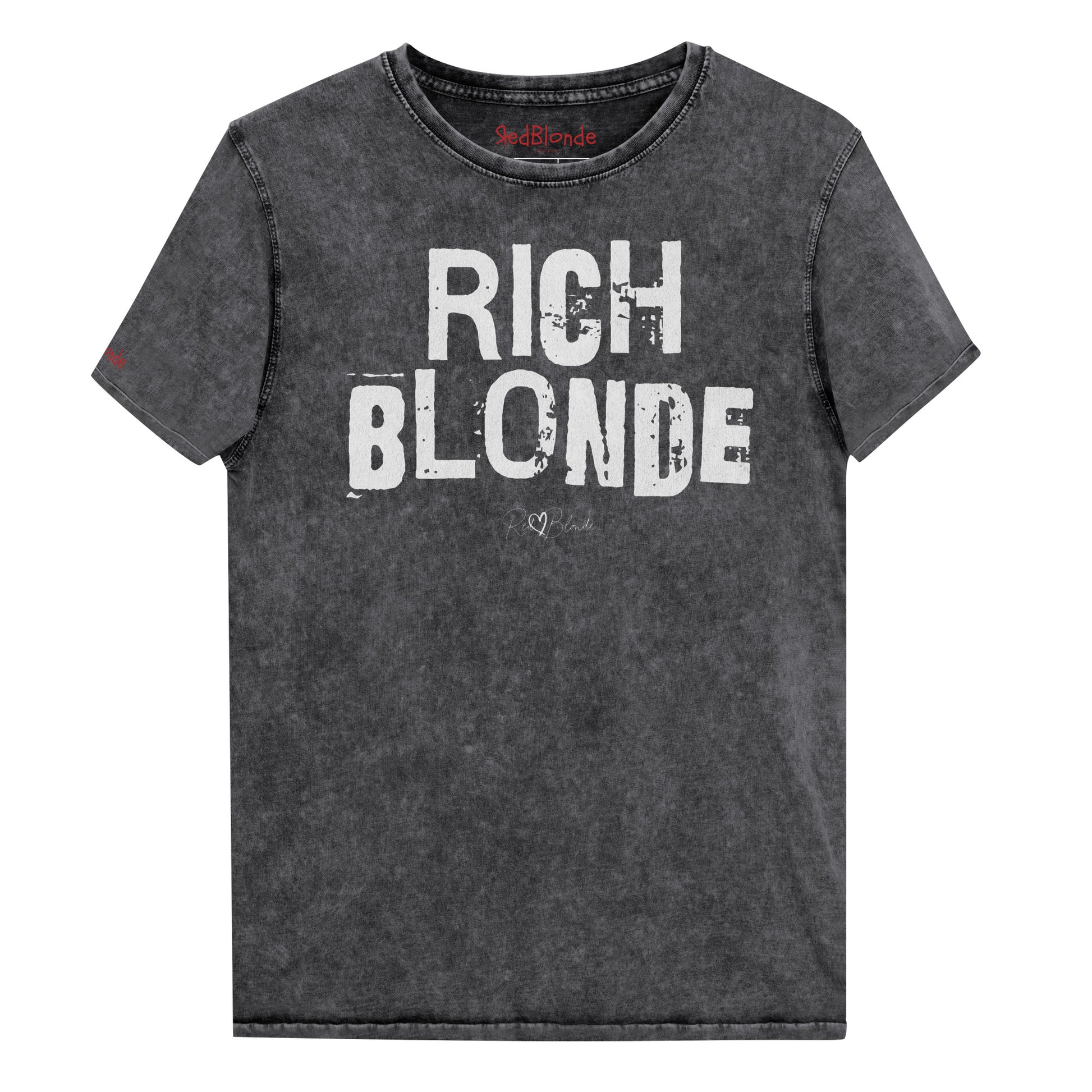 black acid-wash unisex denim T-shirt with a distressed vintage look. The shirt features "RICH BLONDE" in  bold white Ed Gein font with the RedBlonde signature logo underneath.  The shirt has short sleeves, a crew neckline, and visible seam detailing for a rugged, casual style. Branded Redblonde on inside neck and right sleeve