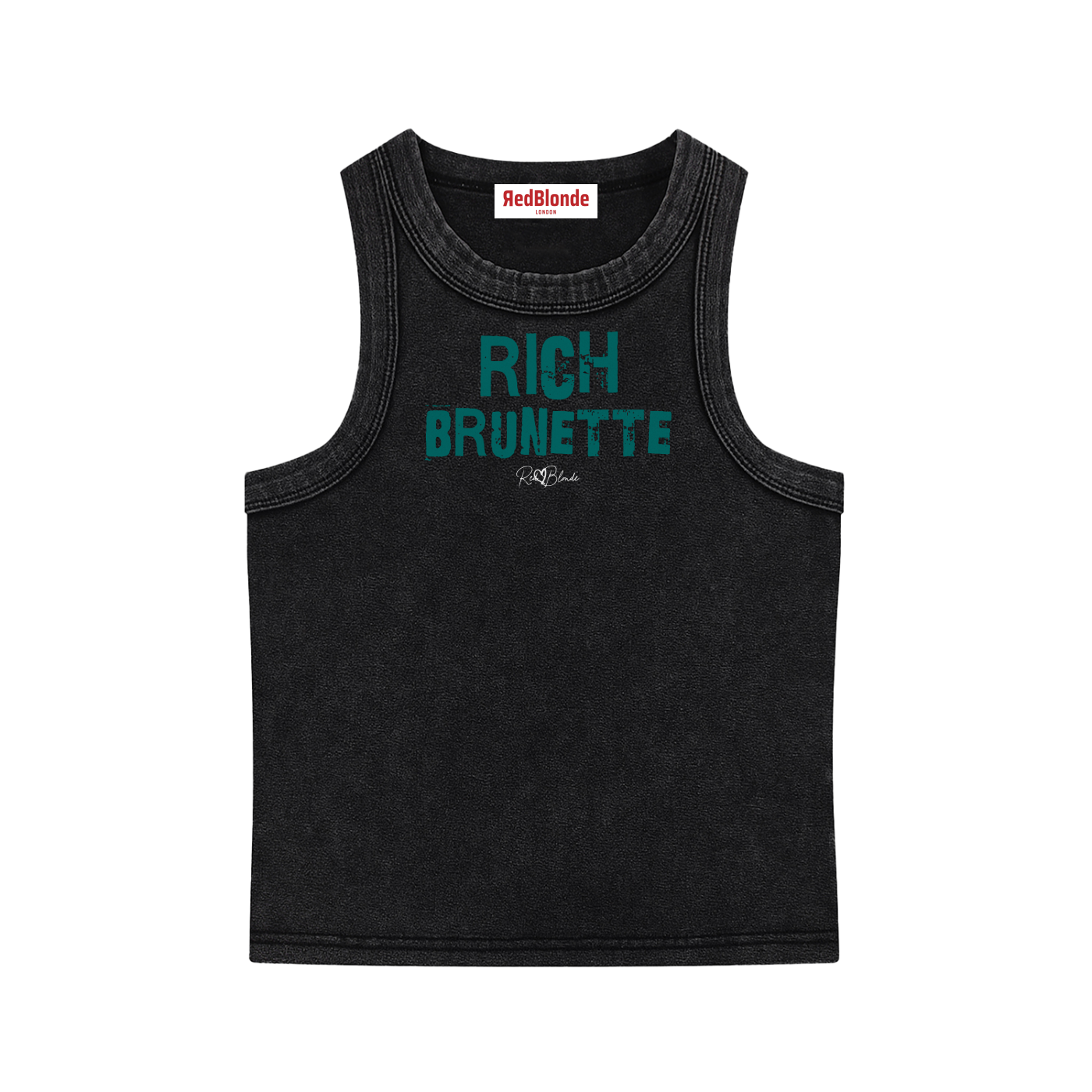 black acid-wash vintage tank top with bold green Ed Gein font “RICH Brunette" slogan on the front and RedBlonde logo beneath.