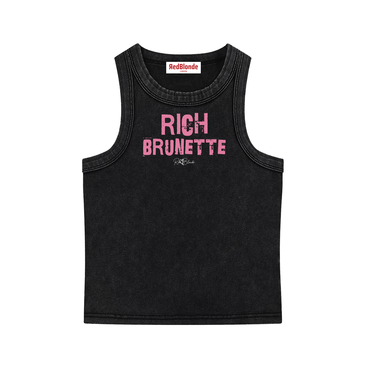 black acid-wash vintage tank top with bold pink Ed Gein font “RICH Brunette" slogan on the front and RedBlonde logo beneath.