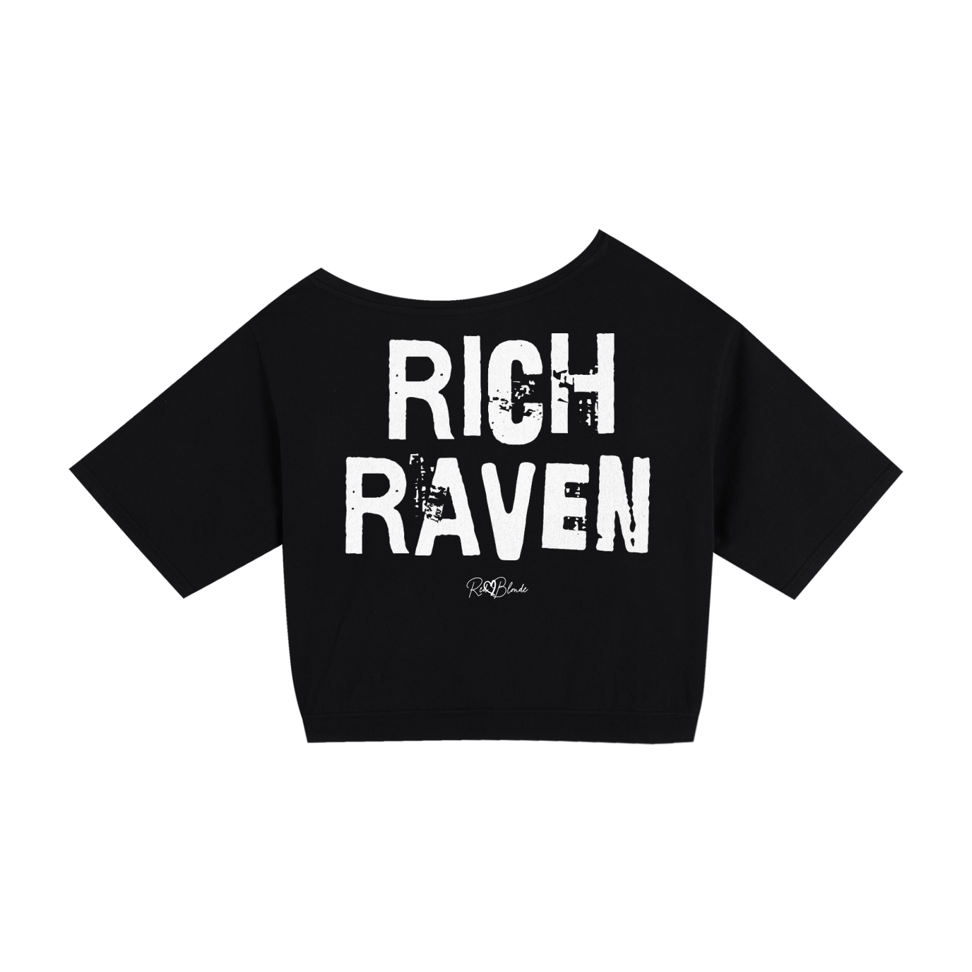 black asymmetrical shoulder t-shirt with bold white Ed Gein font “RICH RAVEN" slogan on the front and RedBlonde logo beneath.