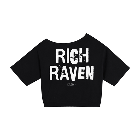 black asymmetrical shoulder t-shirt with bold white Ed Gein font “RICH RAVEN" slogan on the front and RedBlonde logo beneath.