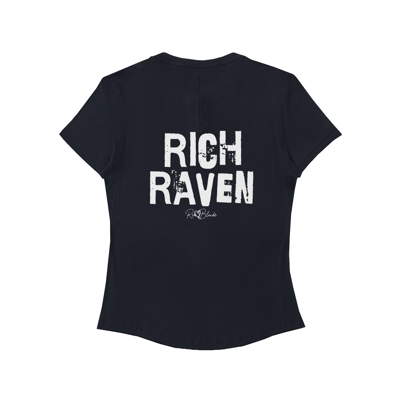 Back view of a black slightly fitted women’s henley T-shirt with short sleeves and a gently curved hem. Centered on the upper back is bold distressed black Ed Gein text reading “RICH RAVEN” with a small RedBlonde signature script logo beneath it. The shirt is shown on a plain white background.