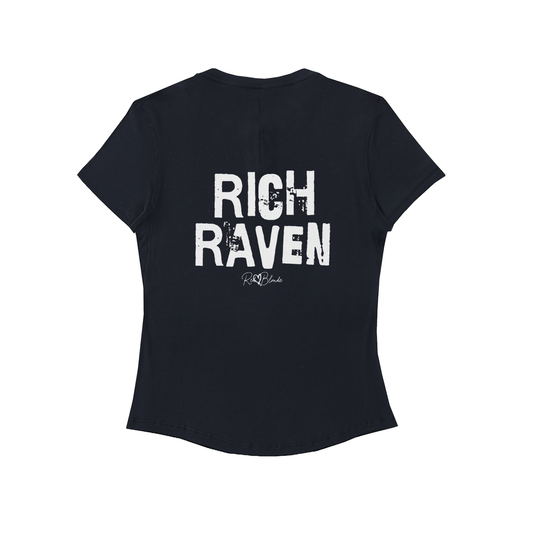 Back view of a black slightly fitted women’s henley T-shirt with short sleeves and a gently curved hem. Centered on the upper back is bold distressed black Ed Gein text reading “RICH RAVEN” with a small RedBlonde signature script logo beneath it. The shirt is shown on a plain white background.