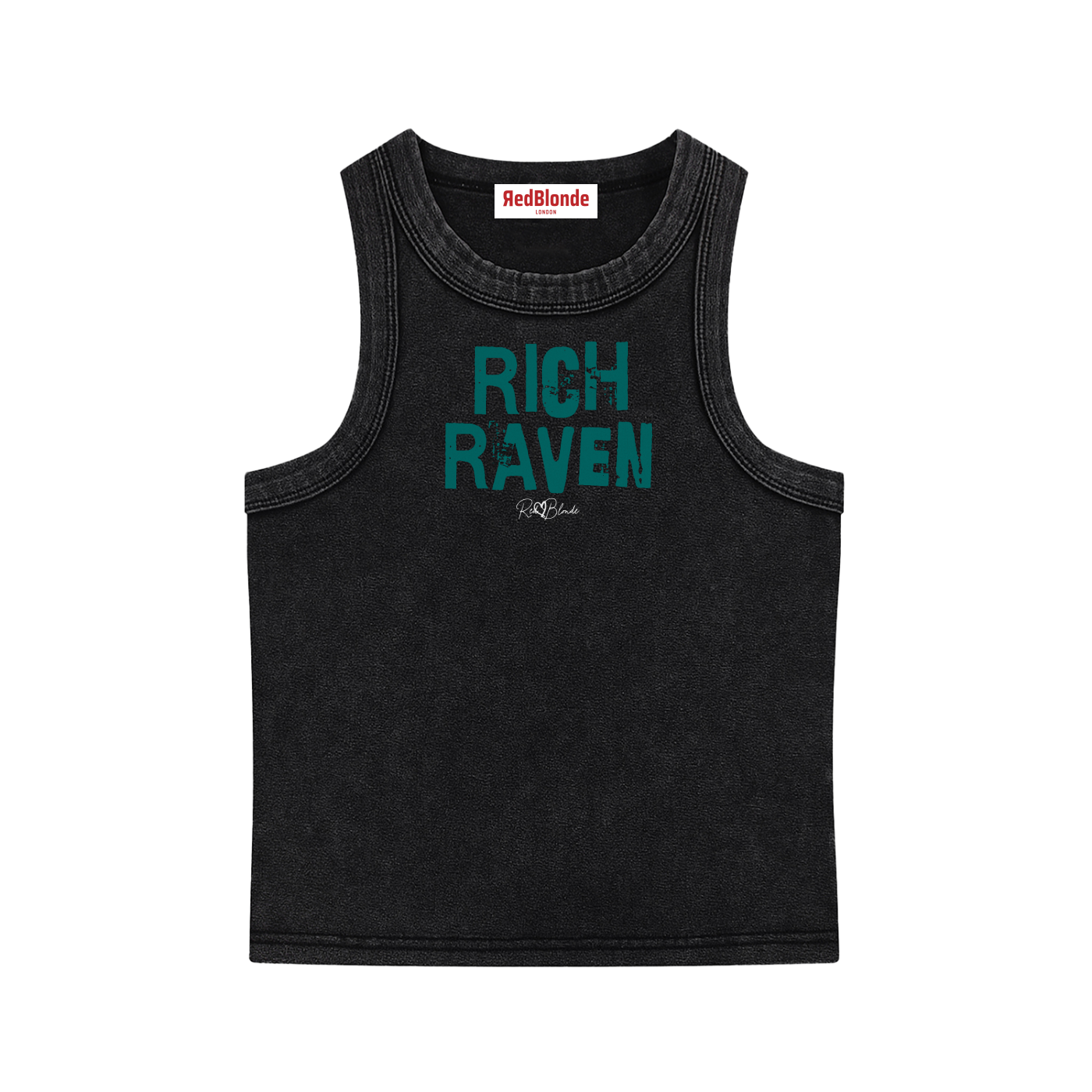Black acid-wash vintage tank top with bold green Ed Gein font “RICH RAVEN" slogan on the front and RedBlonde logo beneath.