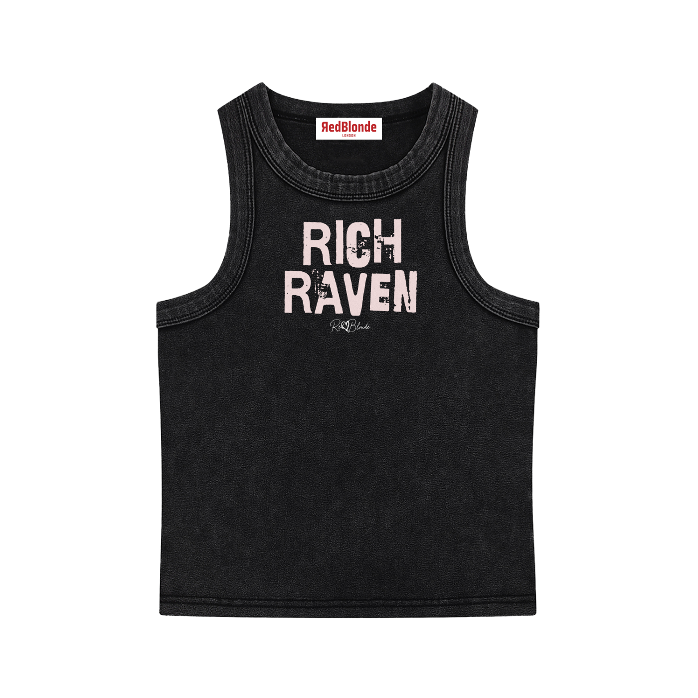 Black acid-wash vintage tank top with bold pale pink Ed Gein font “RICH RAVEN" slogan on the front and RedBlonde logo beneath.