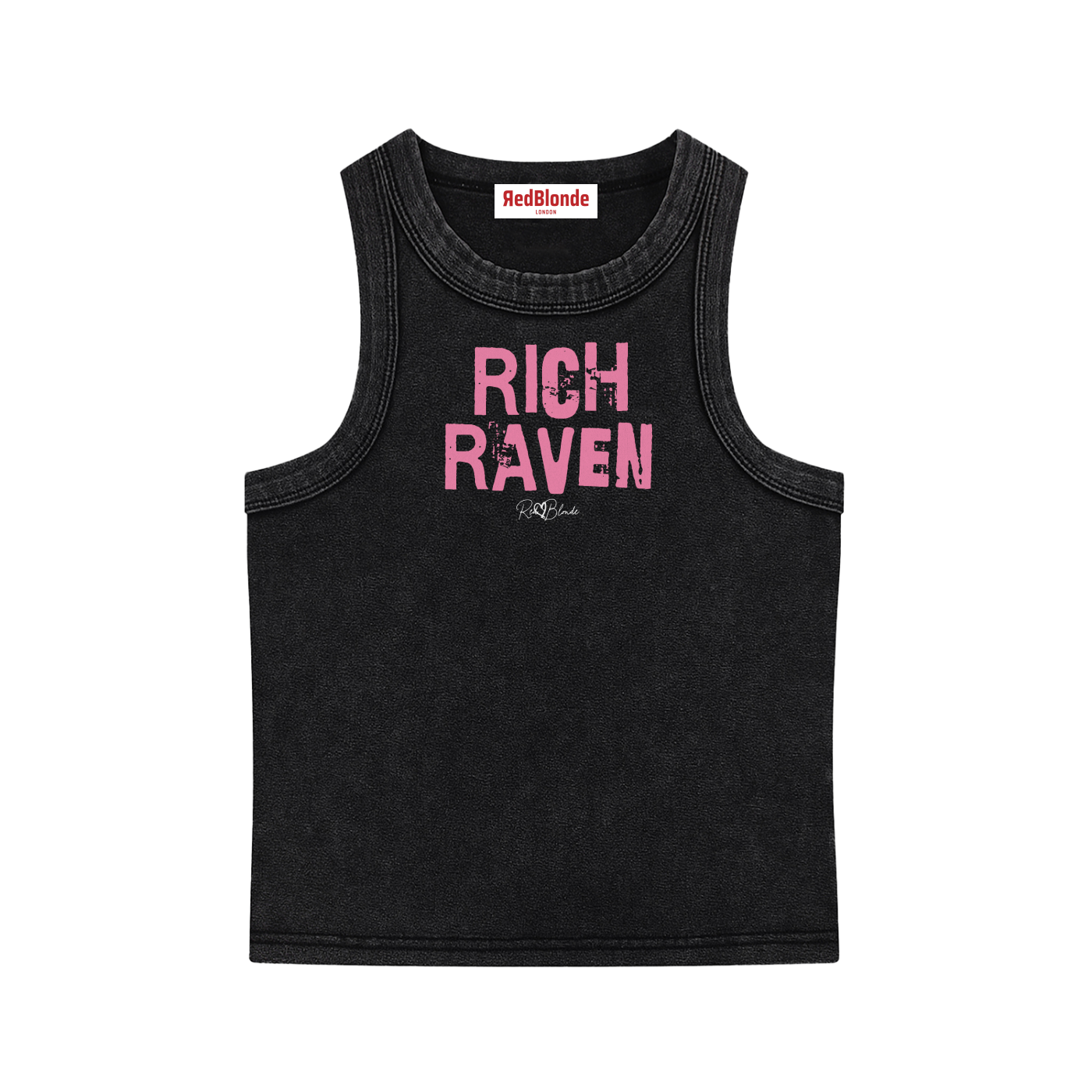Black acid-wash vintage tank top with bold pink Ed Gein font “RICH RAVEN" slogan on the front and RedBlonde logo beneath.
