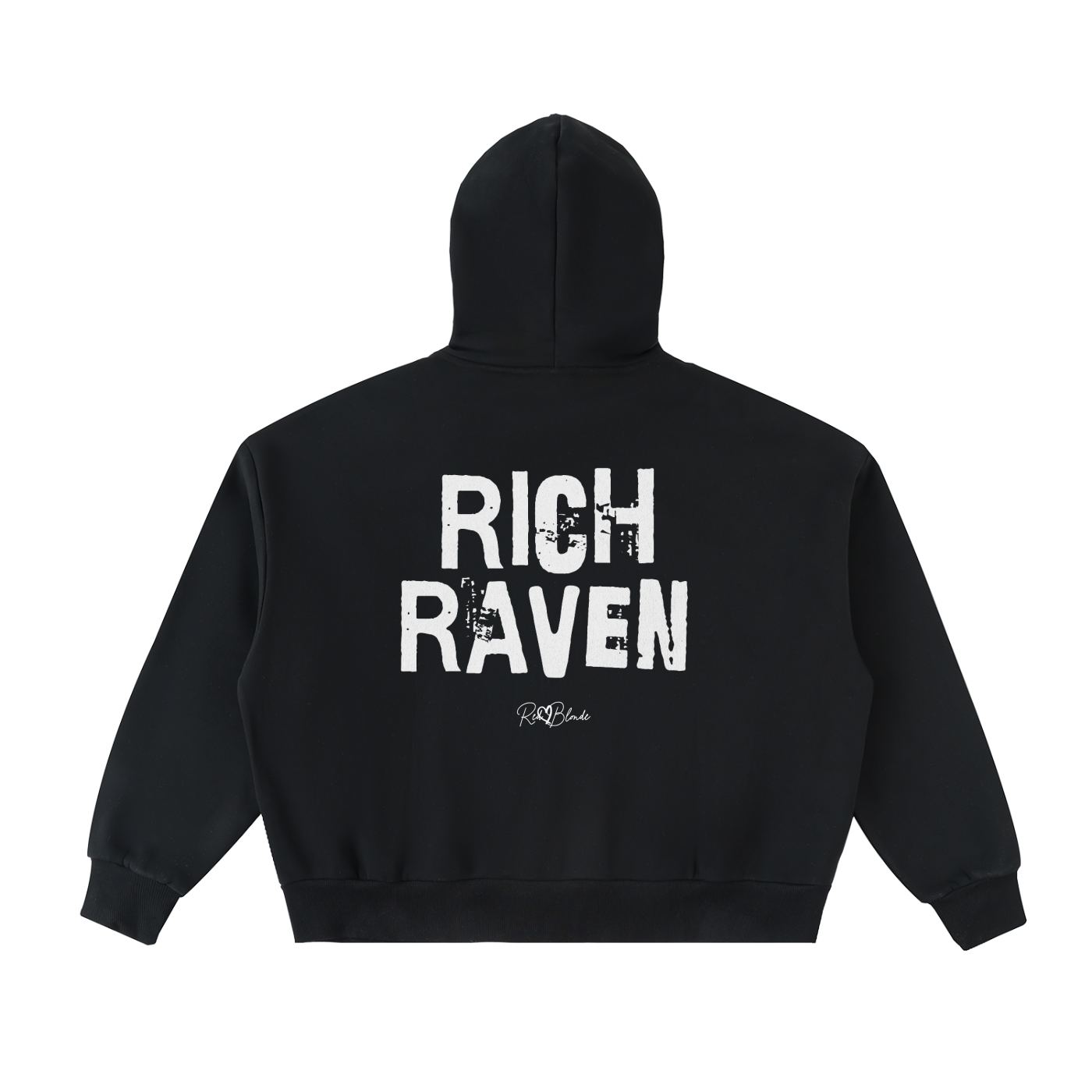 black hem to hood zip-up hoodie with cropped oversized fit and ribbed cuffs/hem, featuring large distressed black “RICH RAVEN” Ed Gein text across the back with a small “RedBlonde” script logo beneath.