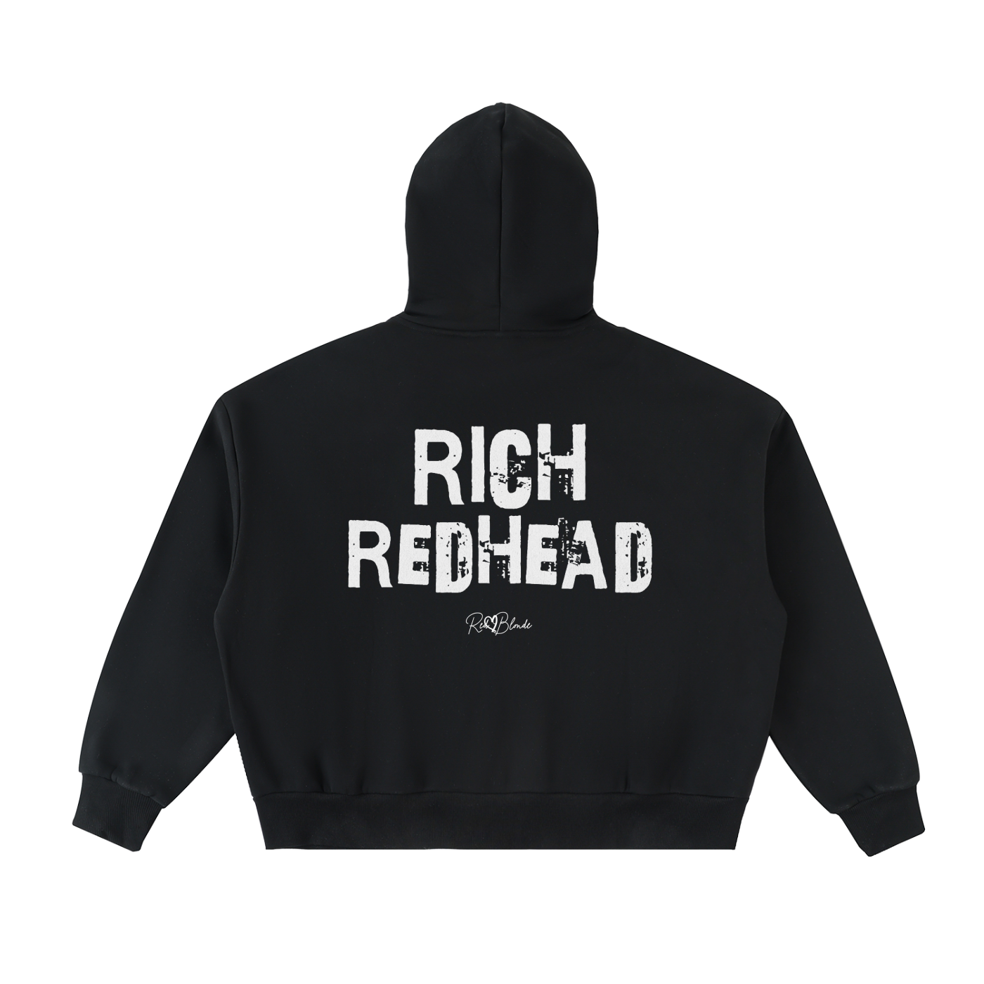 black hem to hood zip-up hoodie with cropped oversized fit and ribbed cuffs/hem, featuring large distressed white “RICH REDHEAD” Ed Gein text across the back with a small “RedBlonde” script logo beneath.