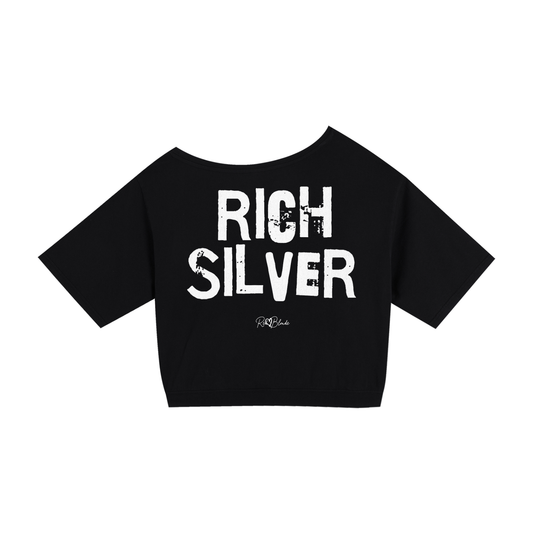 Black asymmetrical shoulder t-shirt with bold white Ed Gein font “RICH SILVER" slogan on the front and RedBlonde logo beneath.