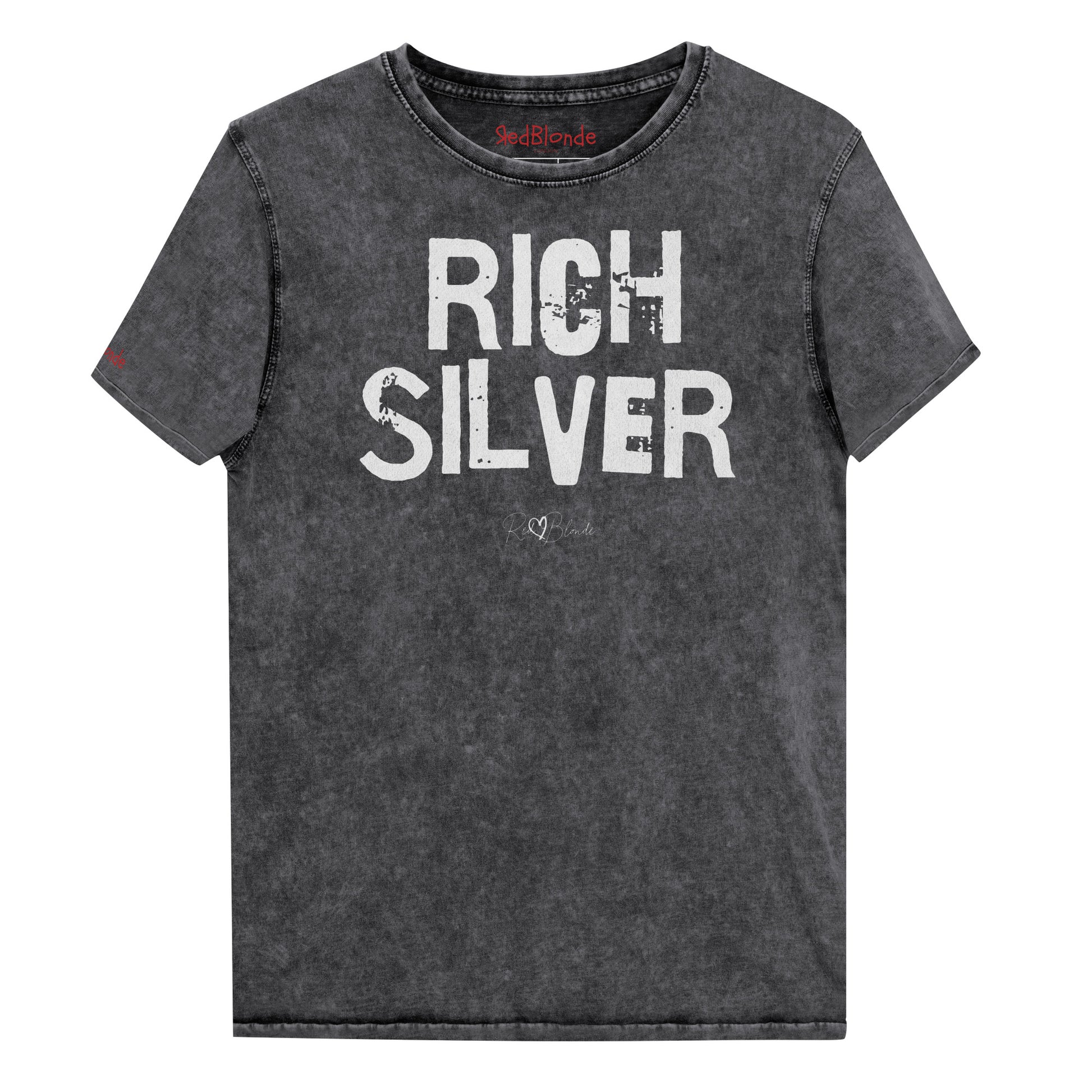 a black acid-wash unisex denim T-shirt with a distressed vintage look. The shirt features the bold white text “RICH SILVER” in a weathered Ed Gein font, and features the RedBlonde signature logo. The shirt has short sleeves, a crew neckline, and visible seam detailing for a rugged, casual style. Branded Redblonde on inside neck and right sleeve