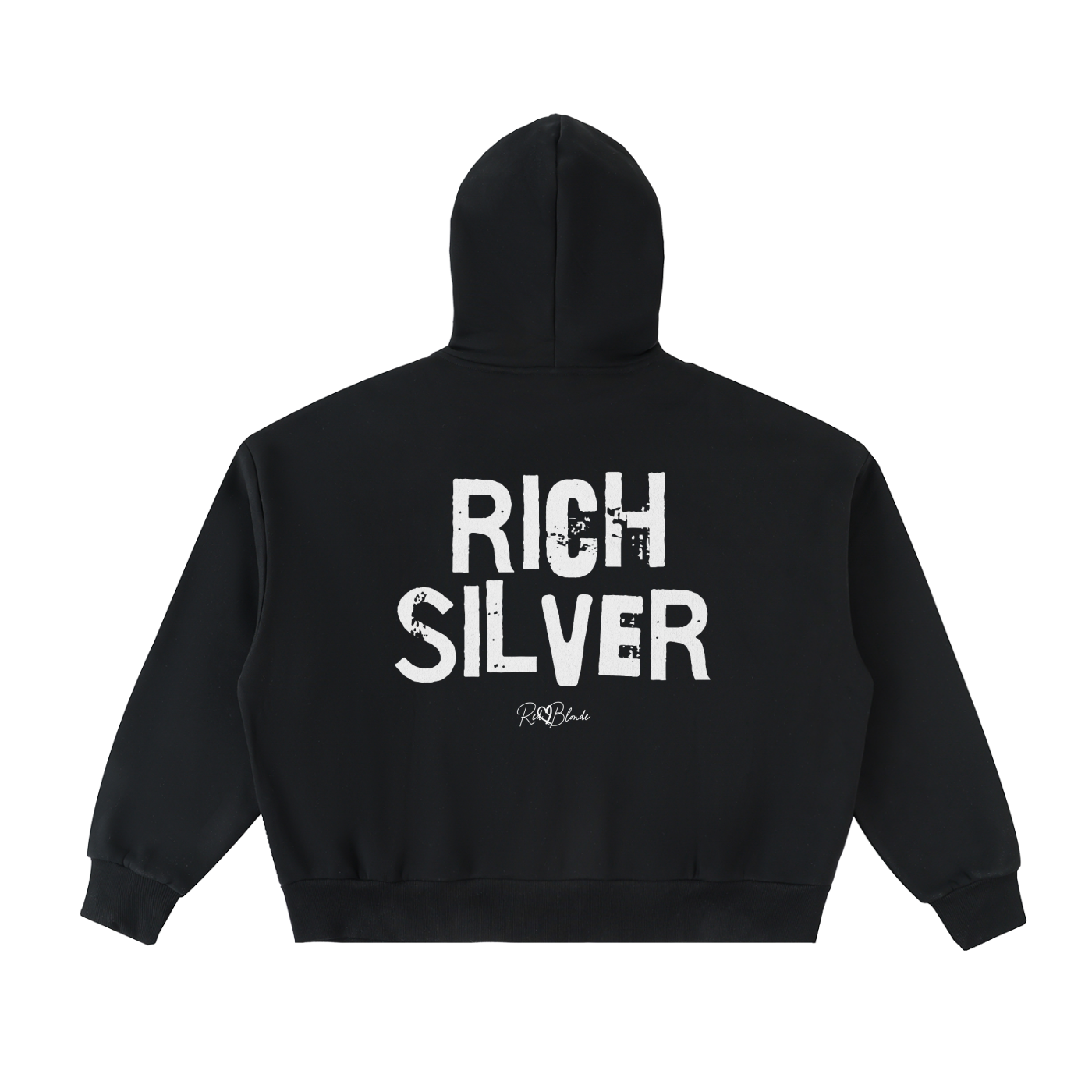 black hem to hood zip-up hoodie with cropped oversized fit and ribbed cuffs/hem, featuring large distressed black “RICH SILVER” Ed Gein text across the back with a small “RedBlonde” script logo beneath.