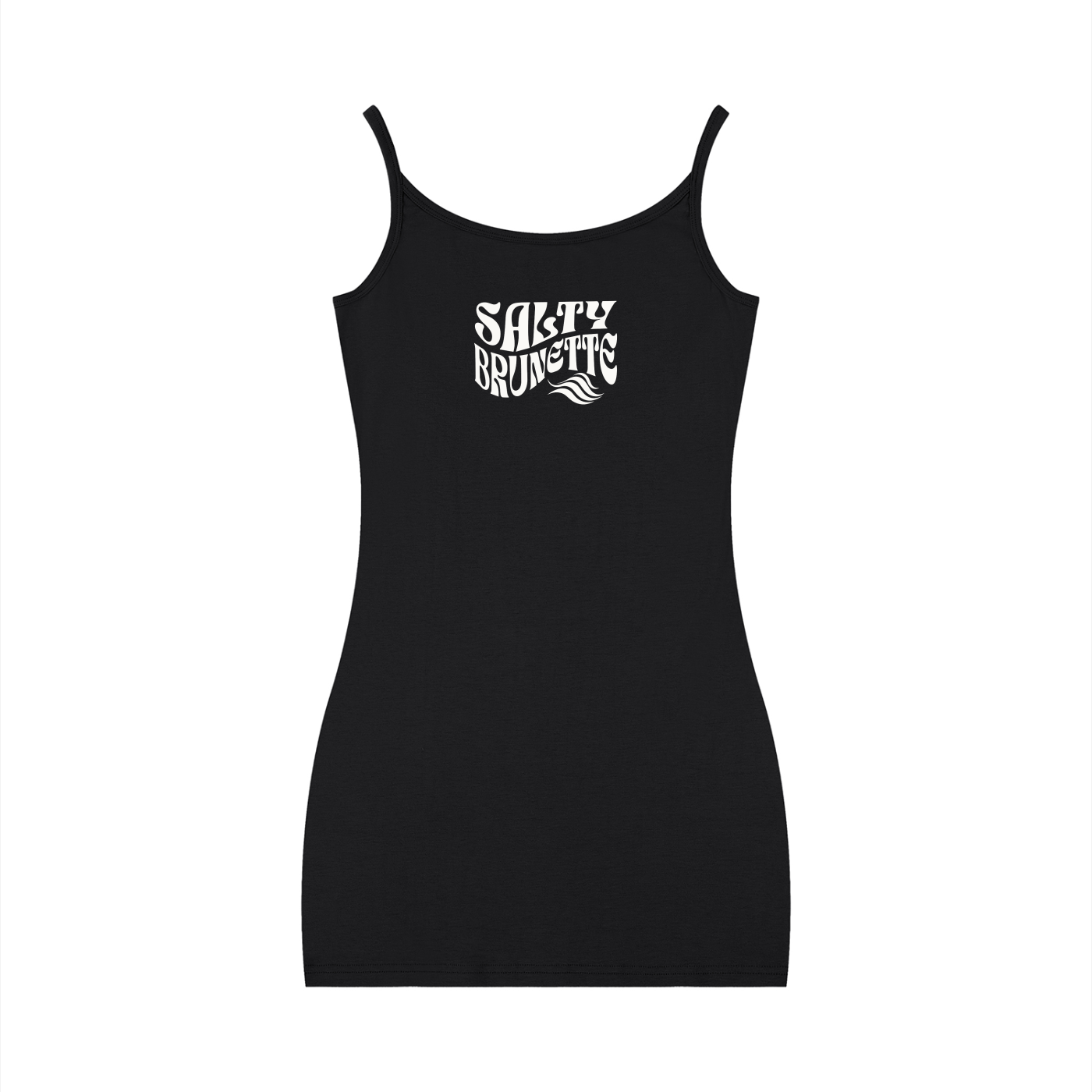Black bodycon mini dress with thin straps and a scoop neckline, featuring a white Salty Brunette graphic in Solino Display font on the chest.
