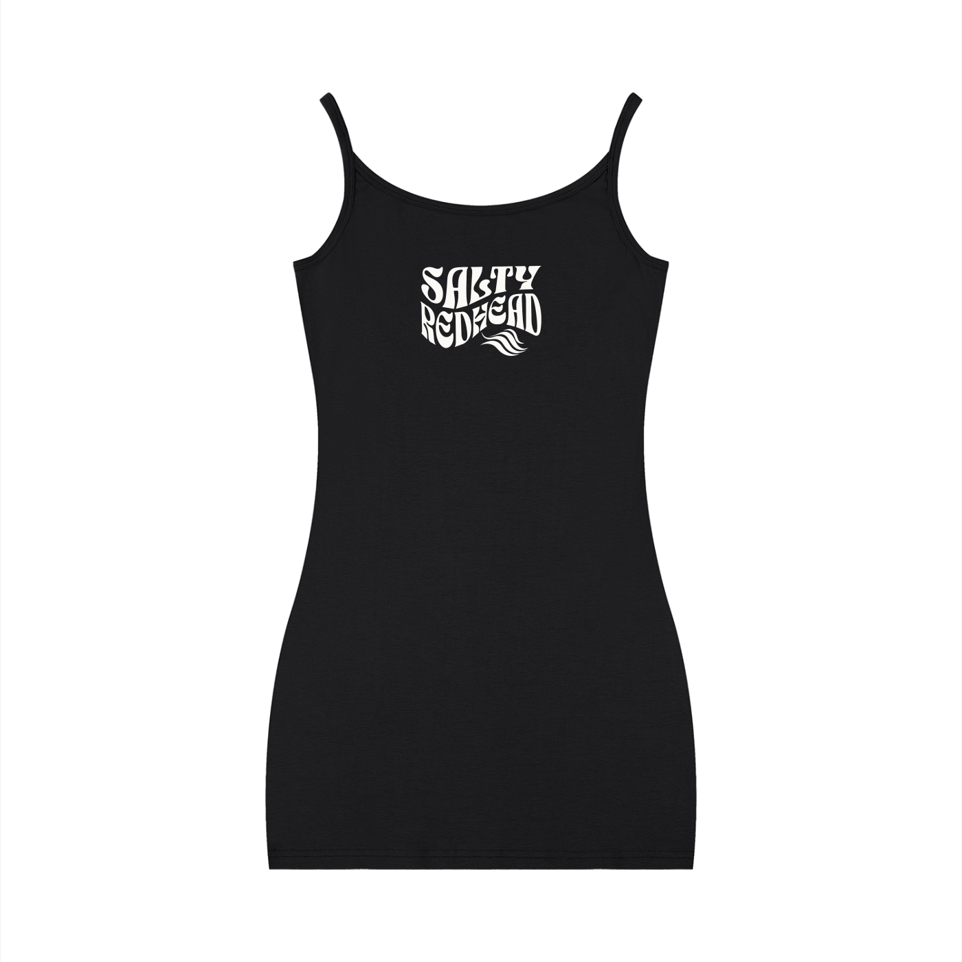 Black bodycon mini dress with thin straps and a scoop neckline, featuring a white Salty Redhead graphic in Solino Display font on the chest.