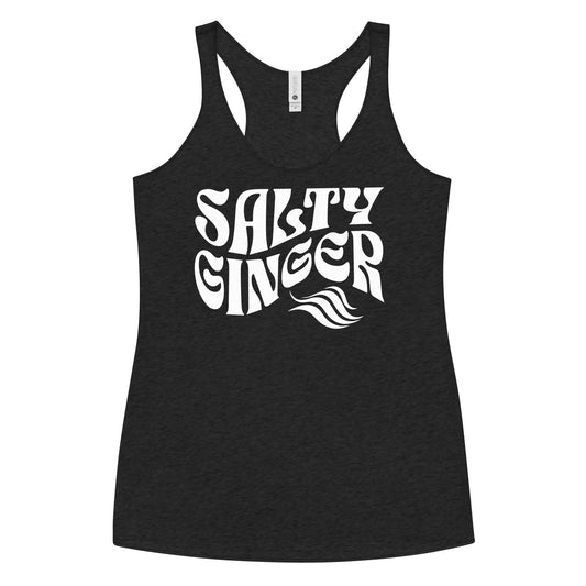 Flatlay of a black soft racerback tank t-shirt with 'Salty Ginger' play on words slogan in white Solino display retro 70s font.  Branded RedBlonde London on reverse