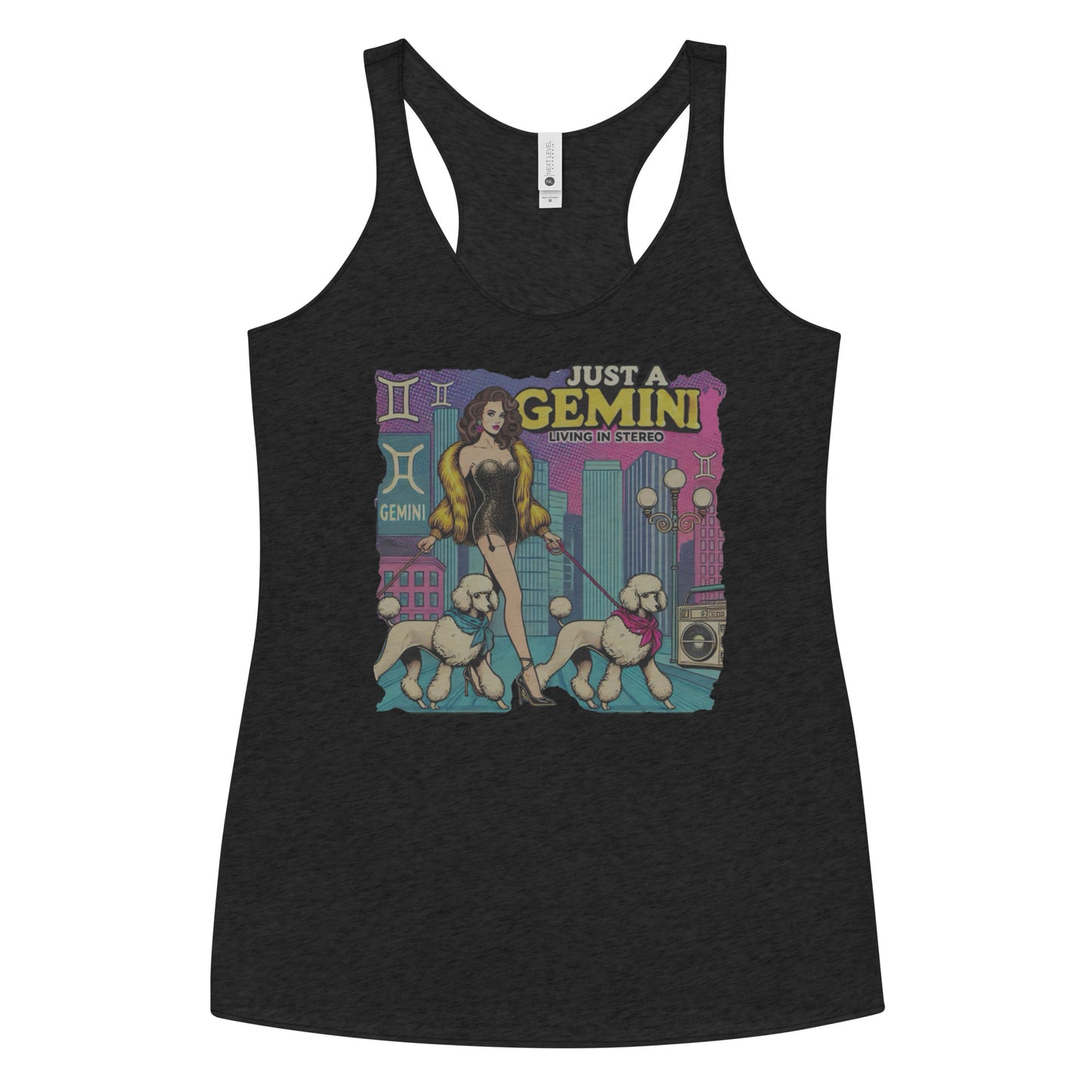 Flatlay of a heather black soft racerback tank t-shirt with a retro pop-art brunette Gemini graphic featuring a brunette woman, in a short catsuit and fur coat walking two poodle dogs with neck scarfs with a city backdrop and a gettoblaster ‘Just a Gemini, Living in Stereo'