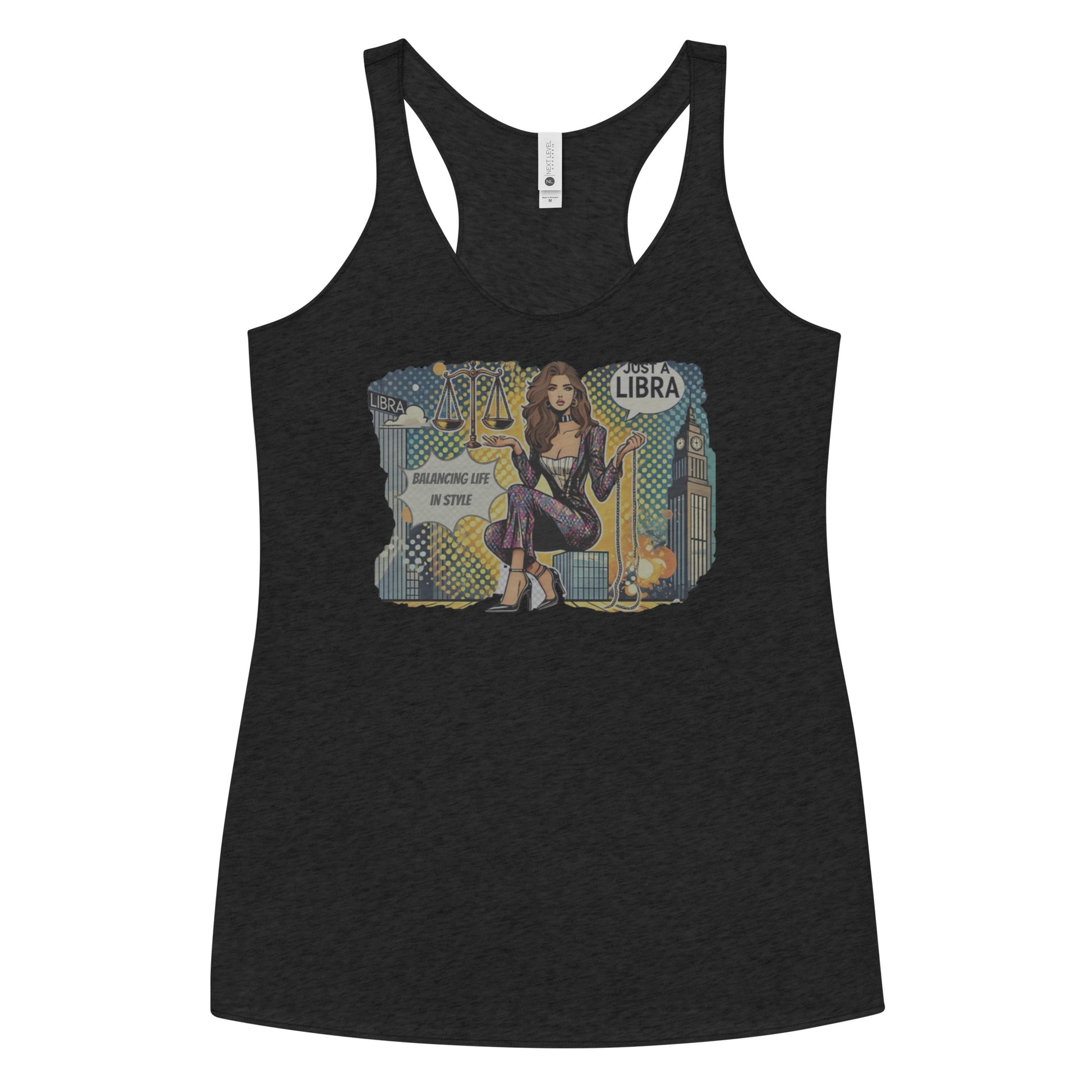 Flatlay of a heather black soft racerback tank t-shirt with a retro pop-art brunette Libra graphic featuring a brunette woman, scales, and a city backdrop, captioned ‘Just a Libra, Balancing Life in Style’.