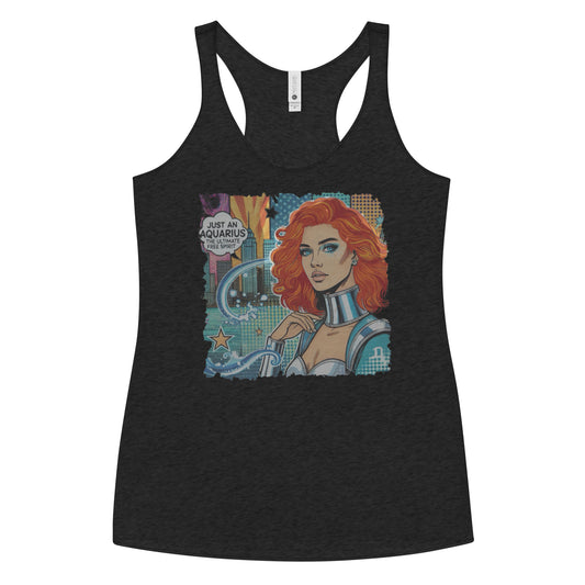 Flatlay of a heather black soft racerback tank t-shirt with a retro pop-art redhead Aquarius graphic showing the head and shoulders of a redhead woman with blue highlights wearing a sci-fi type silver choker and outfit, with a city background with tentacles and stars captioned, "Just an Aquarius, the ultimate free spirit"
