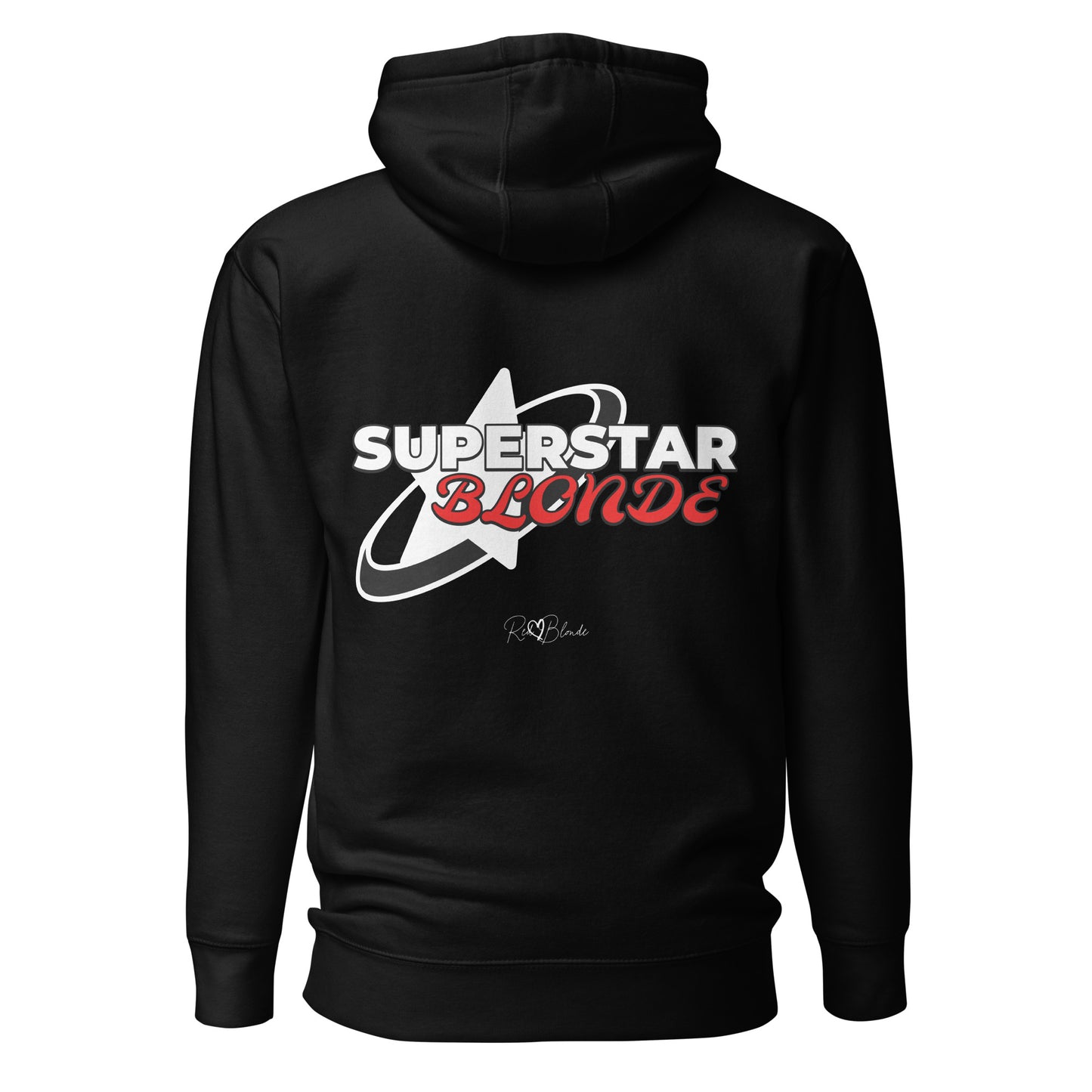 A Black unisex pullover hoodie with a large back graphic design. The print features a bold white star with a swoosh around it and the words “SUPERSTAR BLONDE” in white and red retro-style Monsierrat and Molle lettering. The design also includes a small signature logo “R & B Blonde” underneath. Branded RedBlonde on inside neck and right sleeve