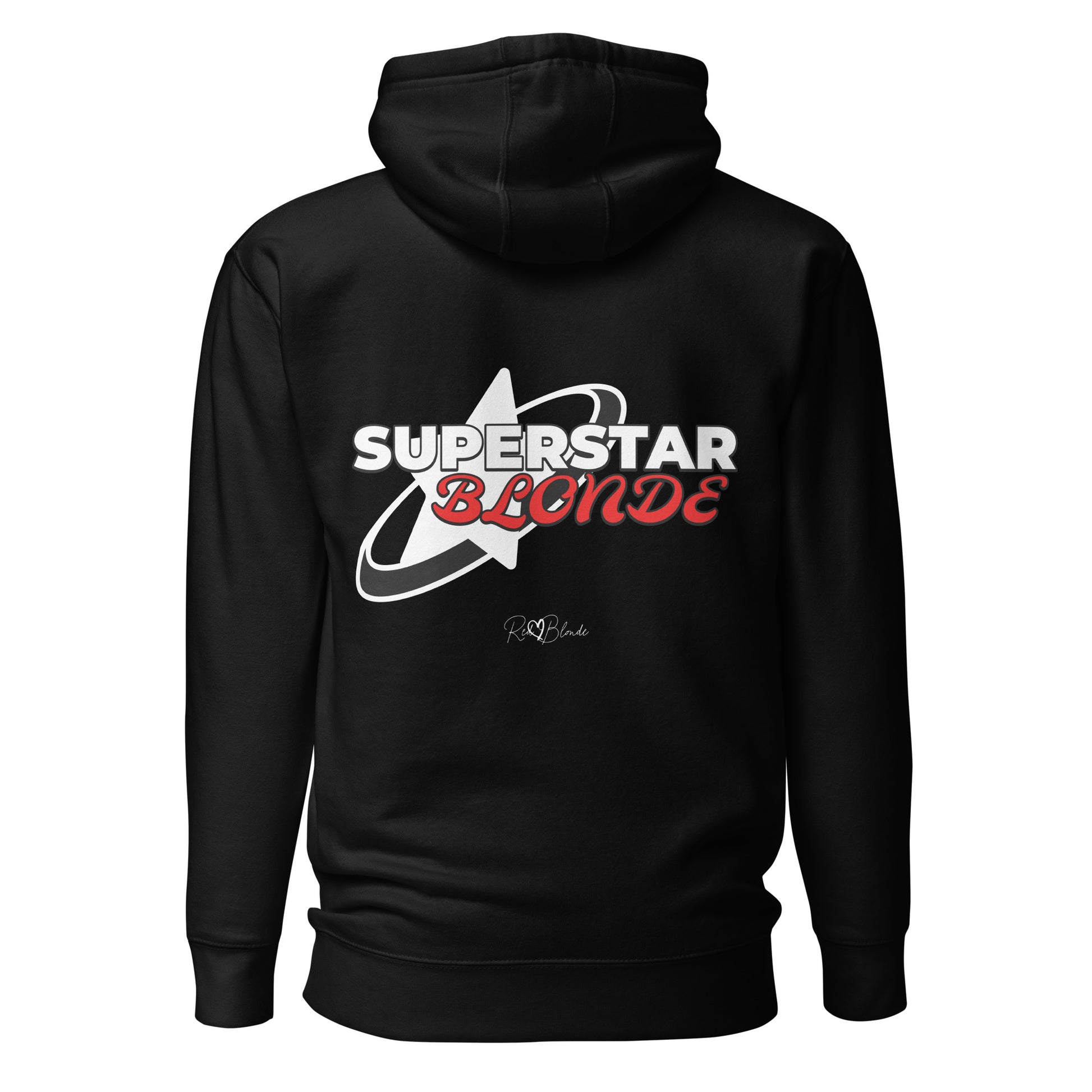 A Black unisex pullover hoodie with a large back graphic design. The print features a bold white star with a swoosh around it and the words “SUPERSTAR BLONDE” in white and red retro-style Monsierrat and Molle lettering. The design also includes a small signature logo “R & B Blonde” underneath. Branded RedBlonde on inside neck and right sleeve