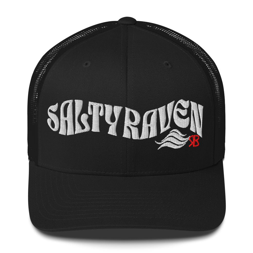 black trucker cap with 'Salty Raven' in white Solino display font. Branded RB in red