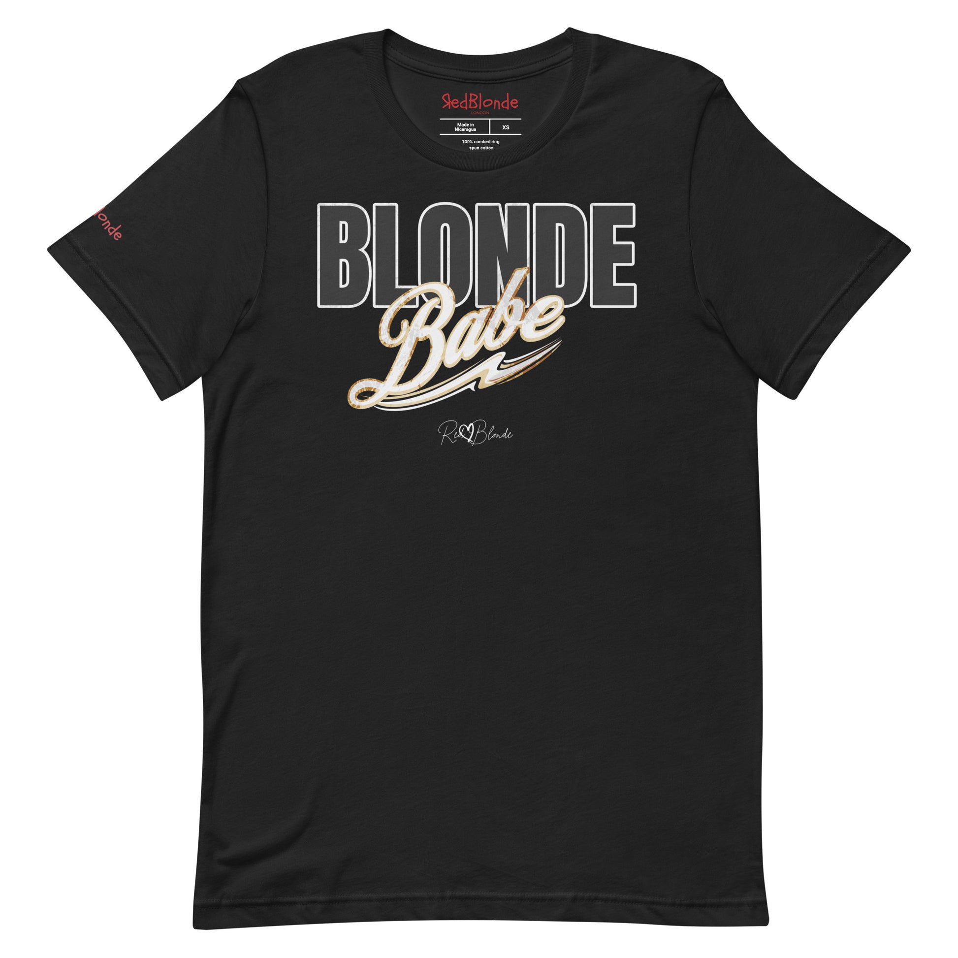 black unisex T-shirt with bold black and gold vintage lettering that reads ‘Blonde Babe’ across the chest, in Anton text for 'babe' and Milkstore 01 script for  ‘Babe’ with a swoosh underline and the RedBlonde signature logo beneath. Branded Redblonde on inside neck and right sleeve
