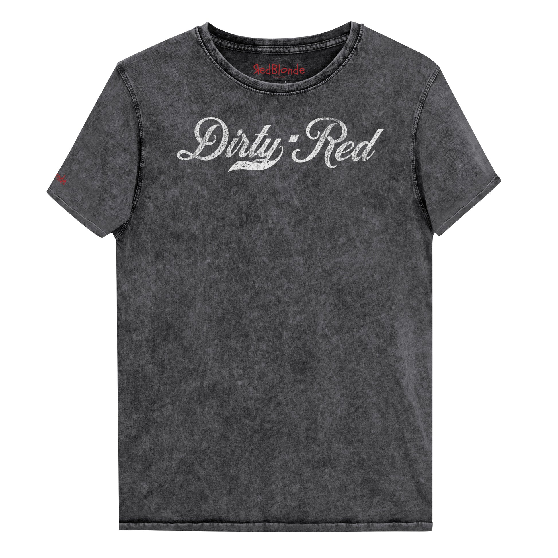 Flatlay of a black unisex loose-fit denim wash t-shirt with vintage Coca-Cola-inspired milkstore script in white reading ‘Dirty Red’ on the front. Branded RedBlonde on the inside neck and right shoulder in red