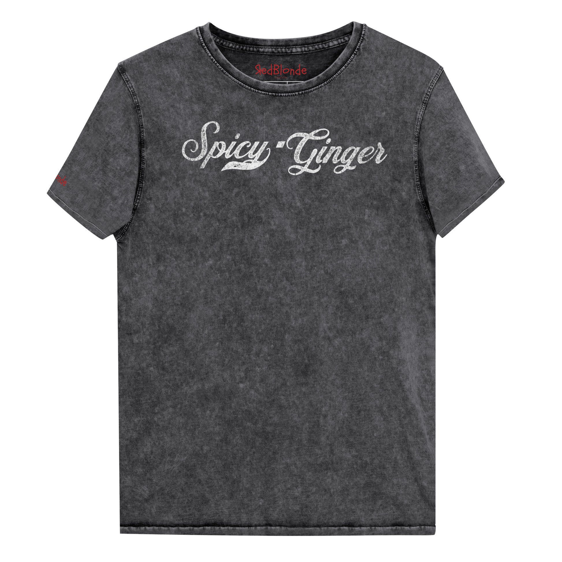 Flatlay of a black unisex loose-fit denim wash t-shirt with vintage Coca-Cola-inspired milkstore script in white reading ‘Spicy Ginger’ on the front. Branded RedBlonde on the inside neck and right shoulder in red