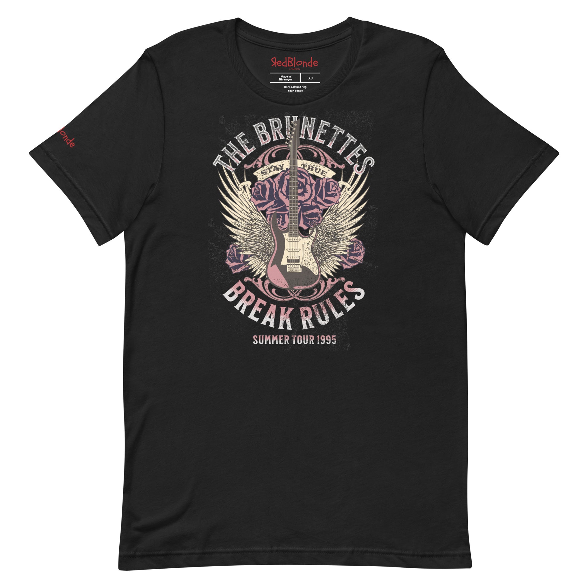 A black unisex t-shirt with a burnt pink & beige graphic of a guitar with bird wings emerging from the side. The graphic features ‘THE BRUNETTES’ in Brookfield font above the guitar, ‘STAY TRUE' across the top and 'BREAK THE RULES’ underneath. Branded RedBlonde London in inside neck and right sleeve.