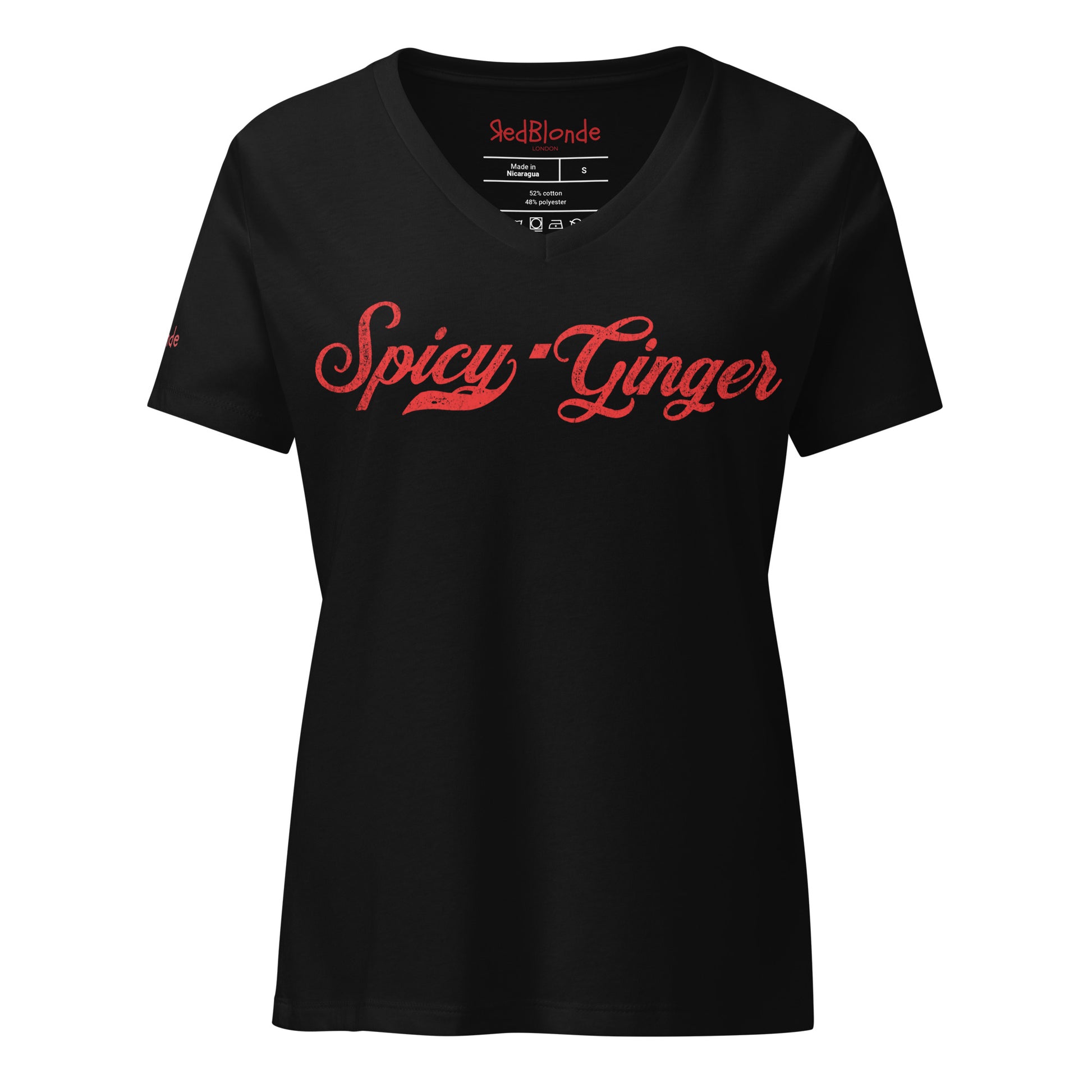 black v-neck relaxed fit t-shirt with the playful slogan ‘Spicy Ginger’ in red milk-store font, signed off RedBlonde. Branded RedBlonde London in red on inside neck and right cuff