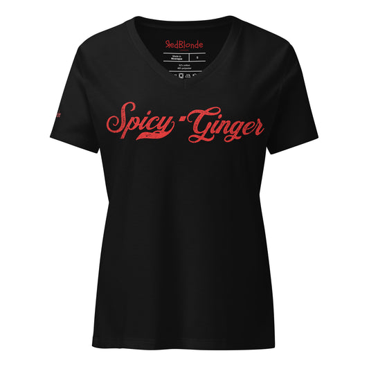 black v-neck relaxed fit t-shirt with the playful slogan ‘Spicy Ginger’ in red milk-store font, signed off RedBlonde. Branded RedBlonde London in red on inside neck and right cuff