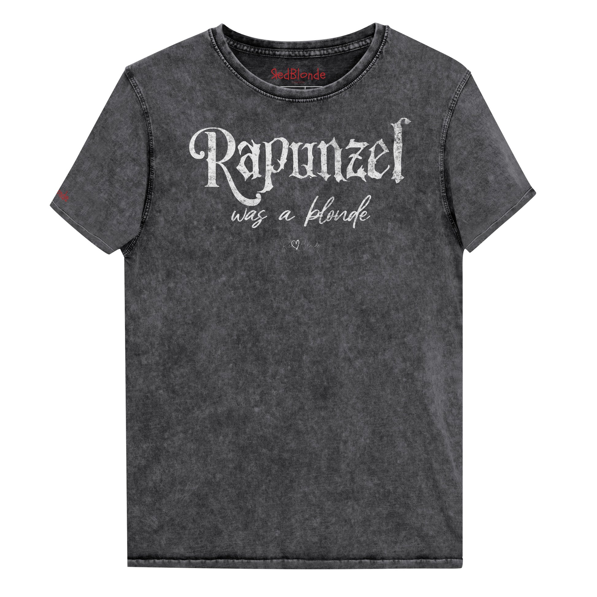 black unisex acid denim wash tshirt featuring white fairytale spiky text that reads “Rapunzel" and the phrase “was a blonde” written underneath in an elegant cursive script. signed off with the RedBlonde heart signature logo. Branded RedBlonde on inside neck and right sleeve