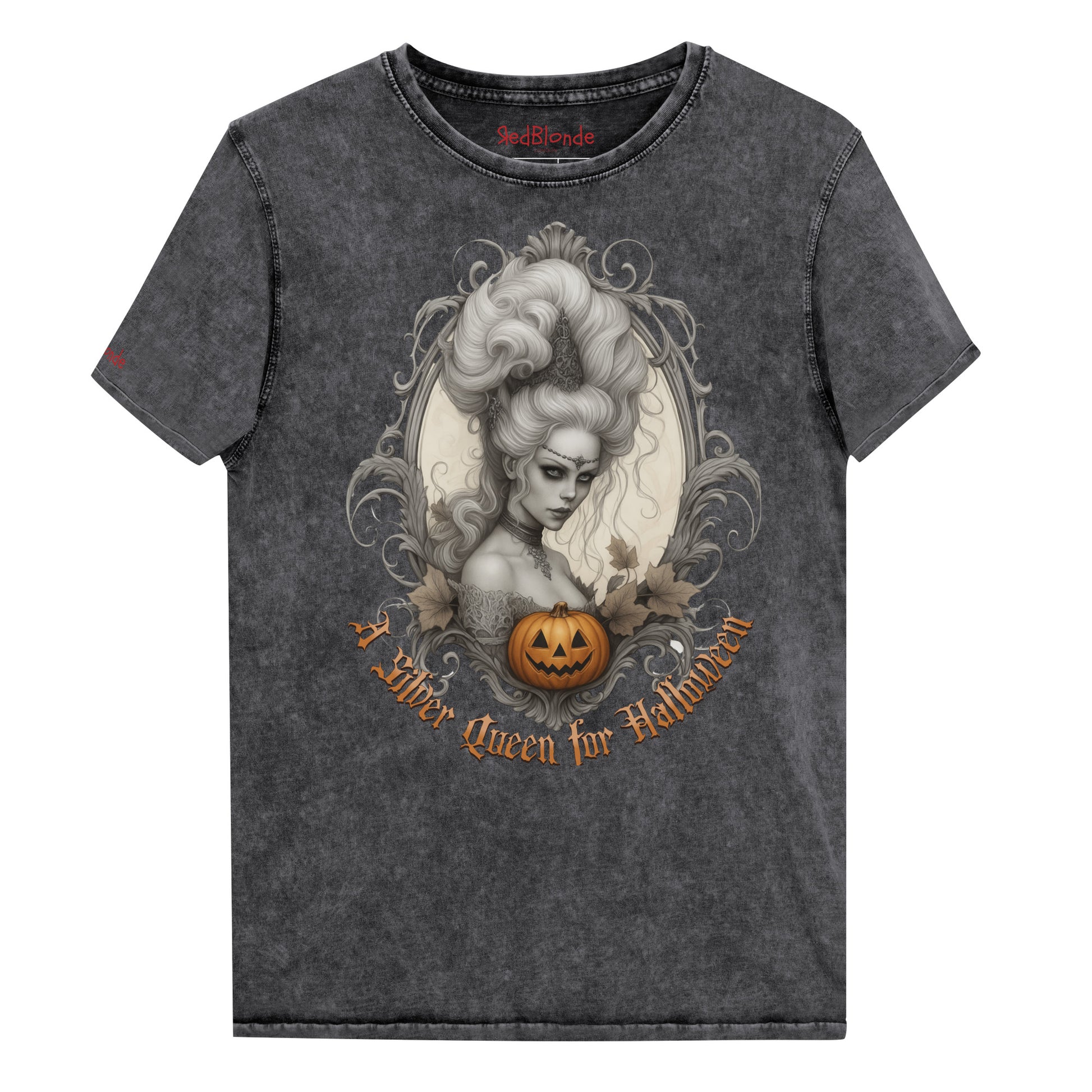 Black acid-wash unisex T-shirt featuring a gothic-style illustration of a silver-haired woman with an elaborate beehive hairstyle, framed by ornate scrollwork, autumn leaves, and a carved pumpkin. The design is captioned with the text ‘A Silver Queen for Halloween’ in vintage Dark Angle lettering. Branded RedBlonde in red on inside neck and right sleeve