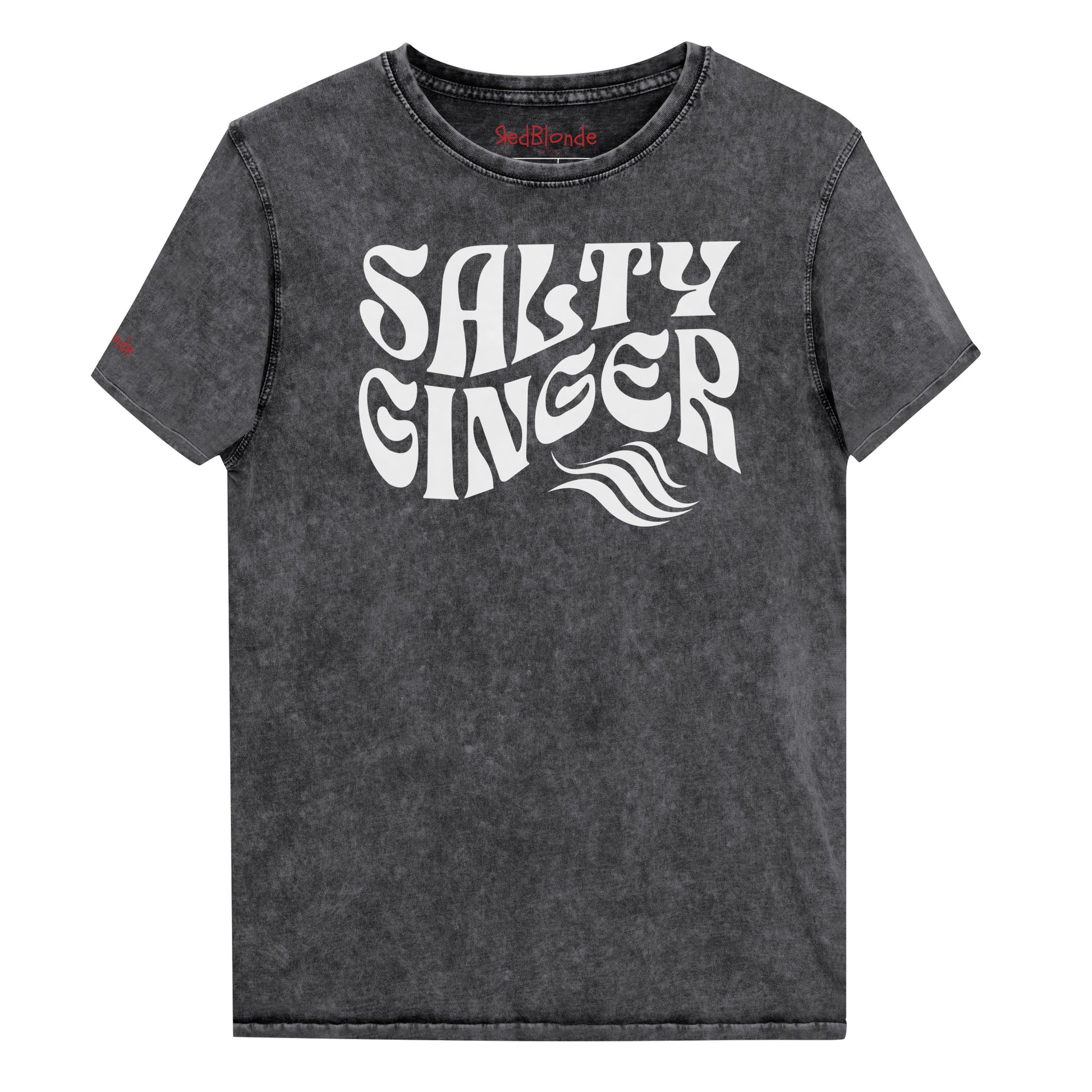 flatlay of a black vintage wash graphic t-shirt with the slogan 'Salty Ginger' in white retro 70s wavy font. Branded RedBlonde inside neck and right shoulder in red