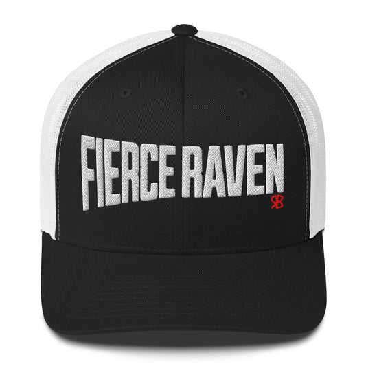 black/white retro trucker cap with bold white embroidered text “Fierce Raven” across the front, featuring a small red RB logo on the side.